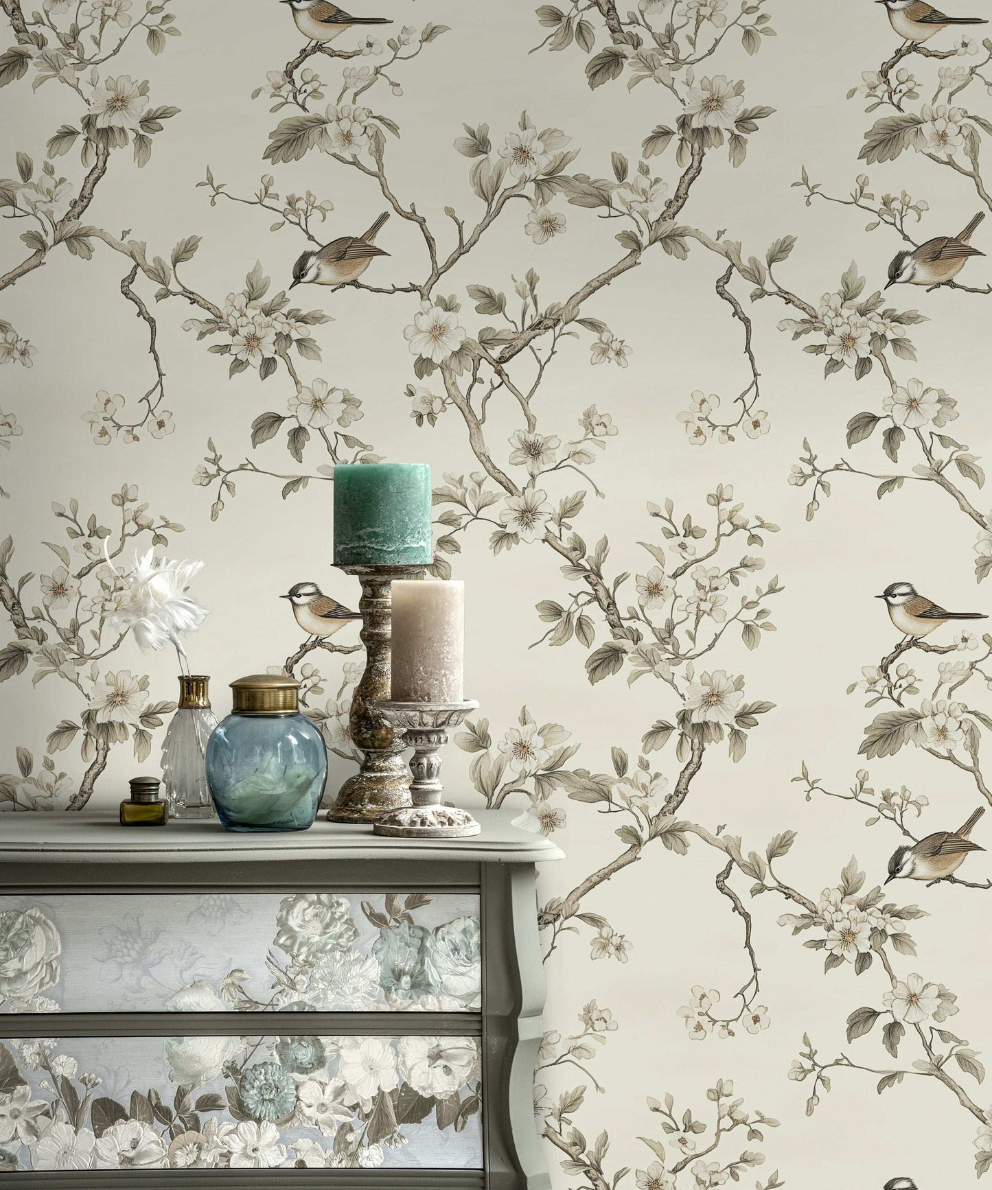 Elegant Bird and Blossom Wallpaper Peel and Stick Chinoiserie Floral Wall Mural