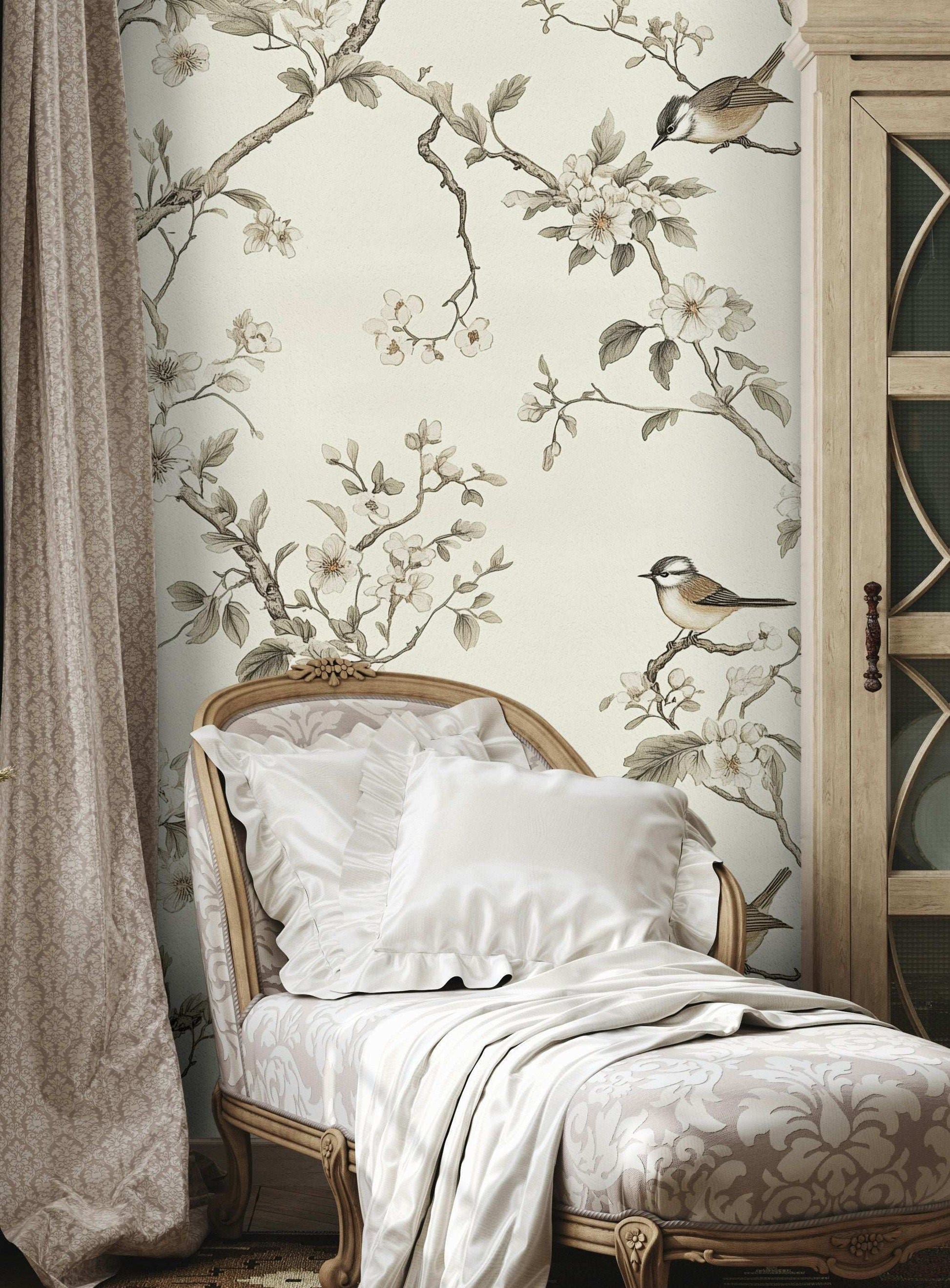 Elegant Bird and Blossom Wallpaper Peel and Stick Chinoiserie Floral Wall Mural