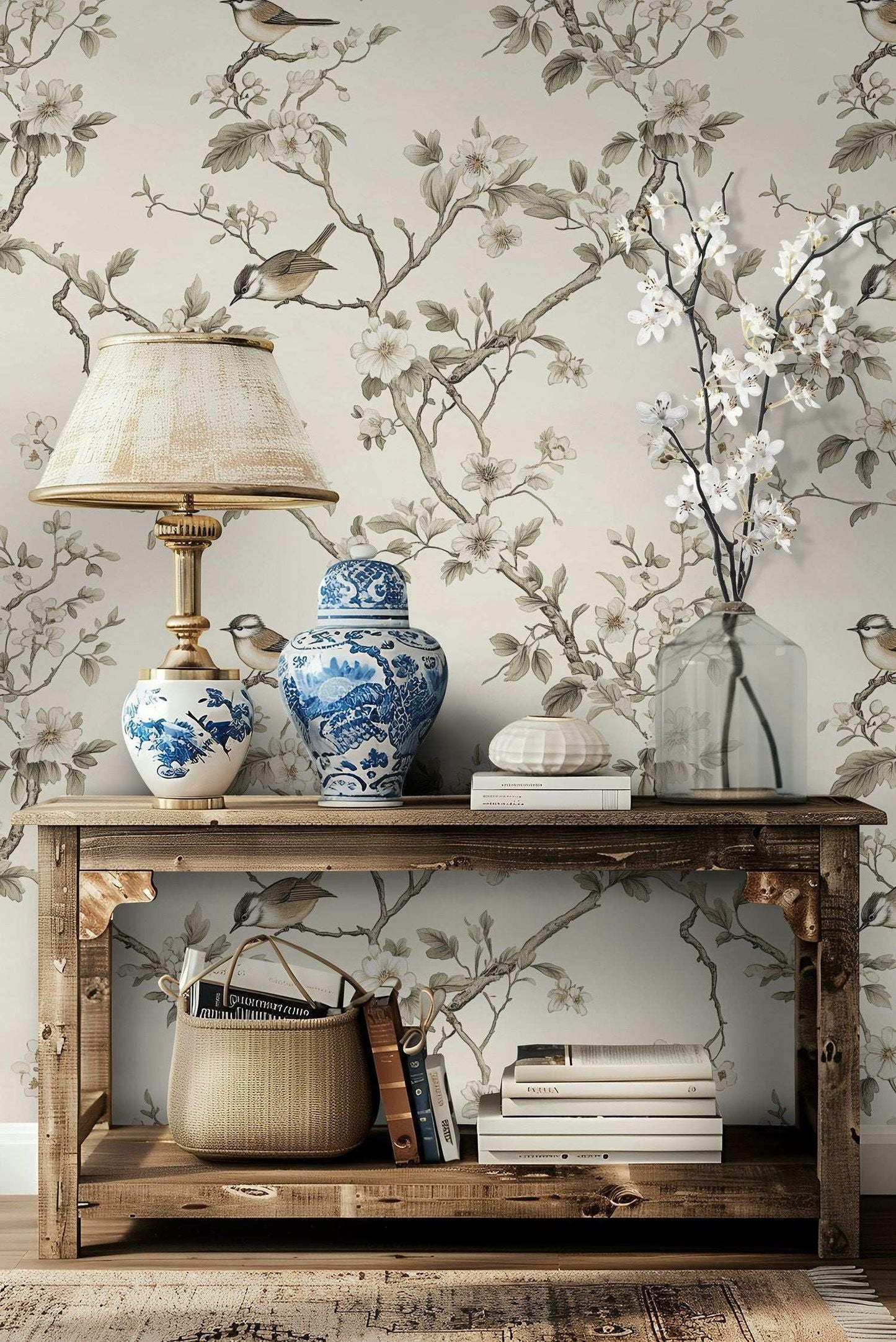 Elegant Bird and Blossom Wallpaper Peel and Stick Chinoiserie Floral Wall Mural