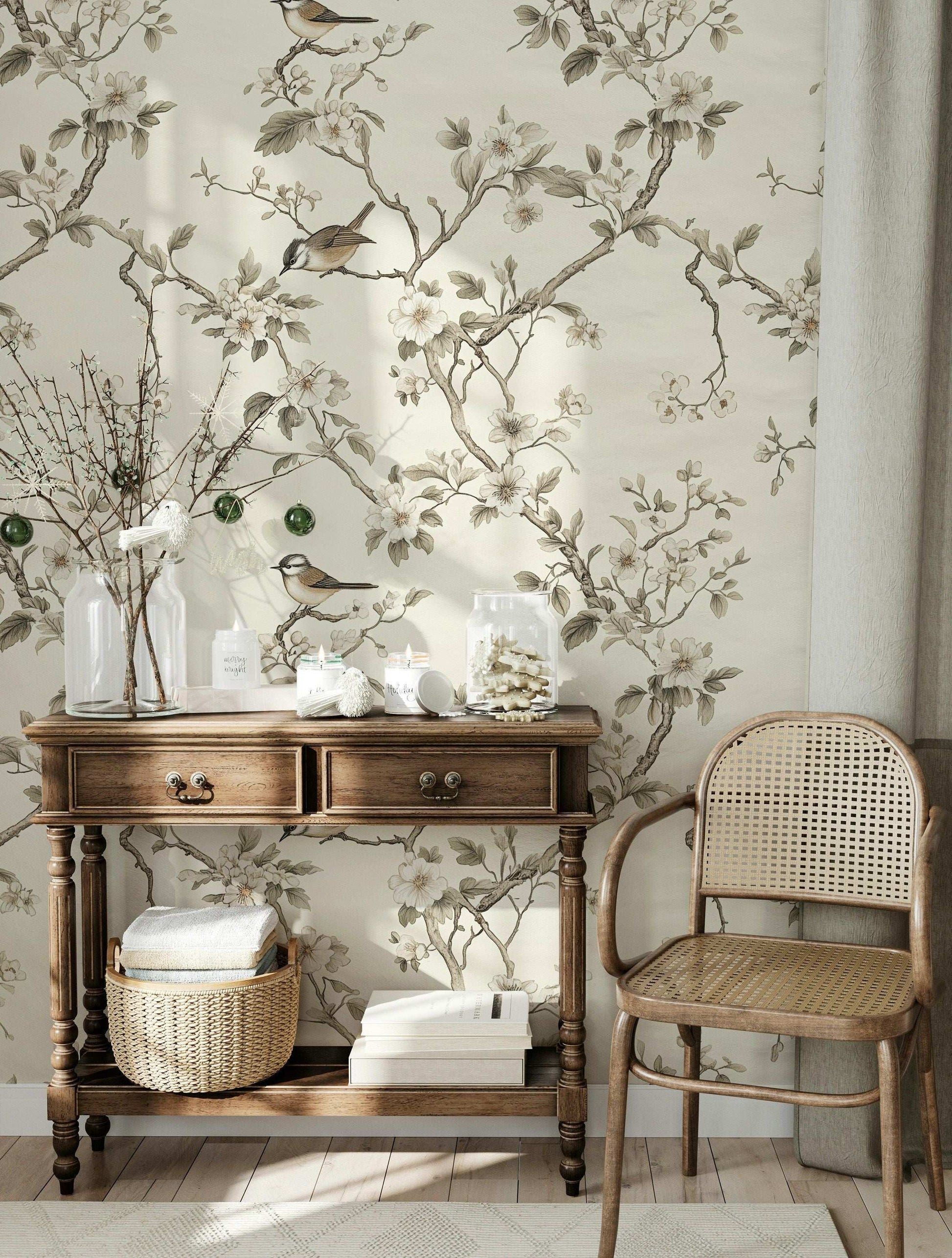 Elegant Bird and Blossom Wallpaper Peel and Stick Chinoiserie Floral Wall Mural