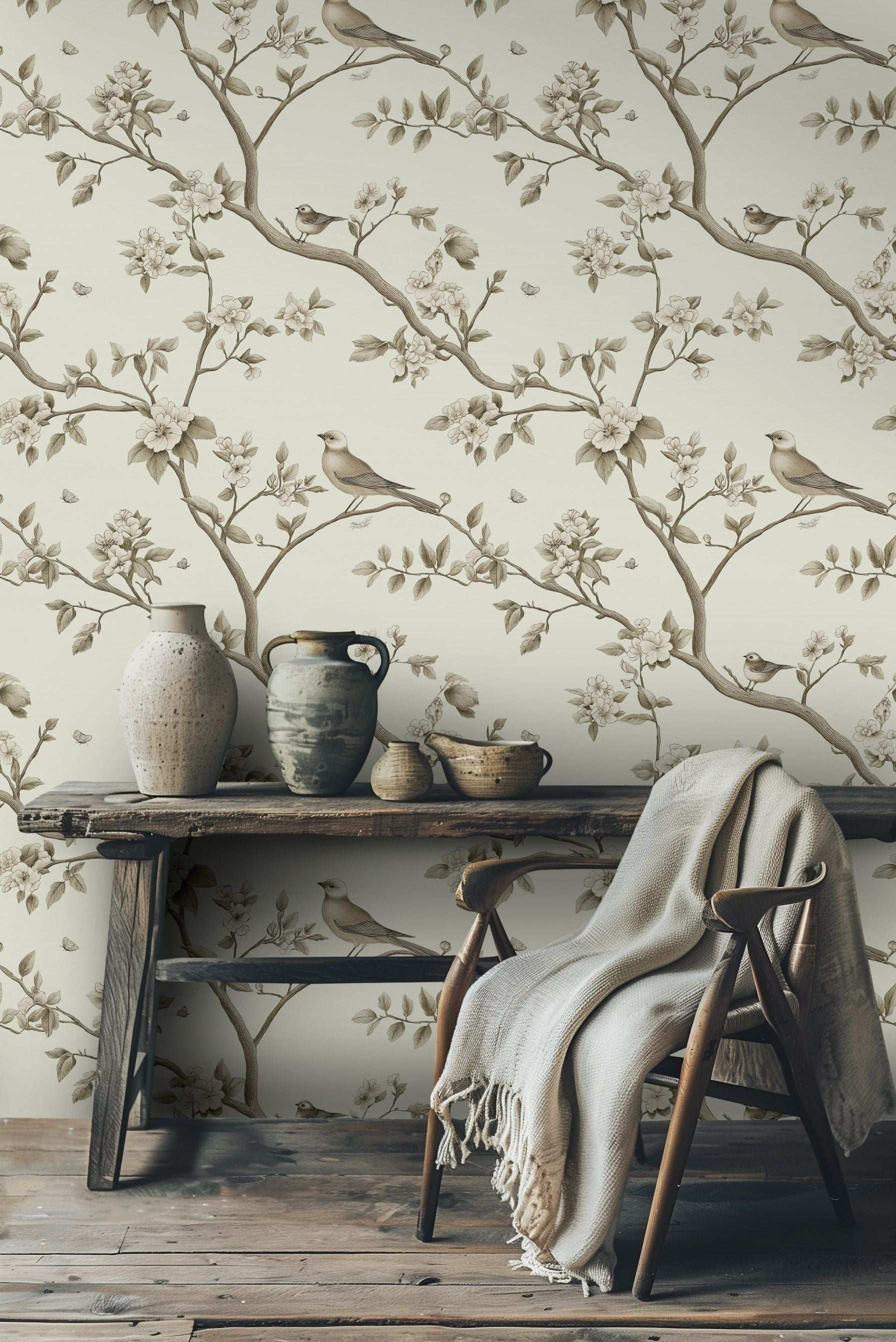 Classic Bird and Floral Wallpaper Chinoiserie Wall Mural Peel and Stick Roll