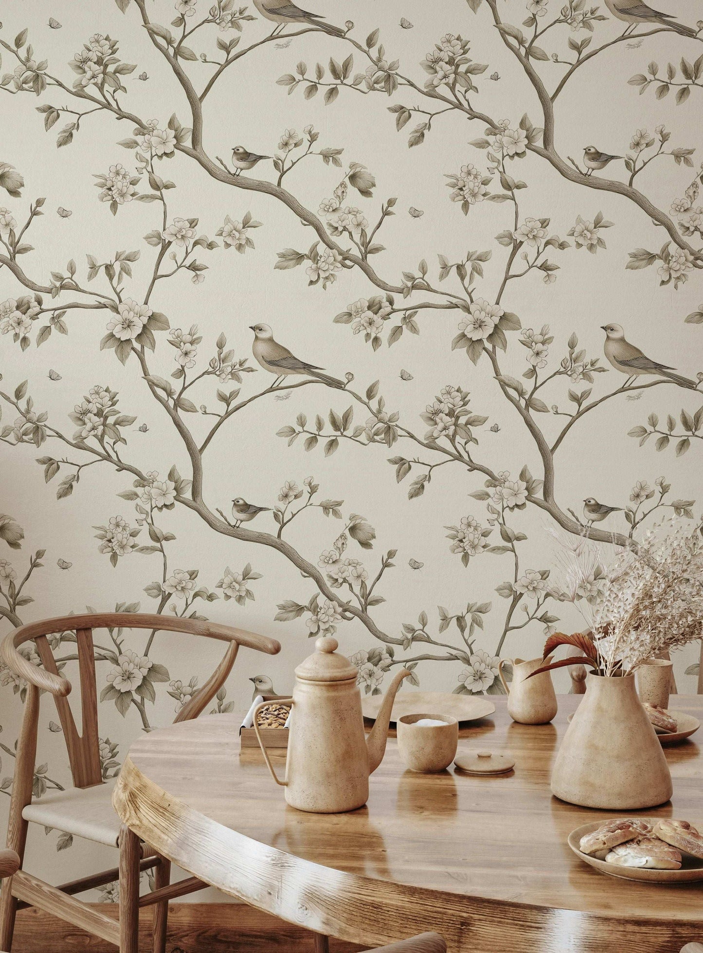 Classic Bird and Floral Wallpaper Chinoiserie Wall Mural Peel and Stick Roll