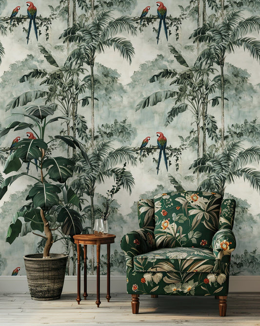 Exotic Green Jungle Parrots Wallpaper Tropical Wall Mural