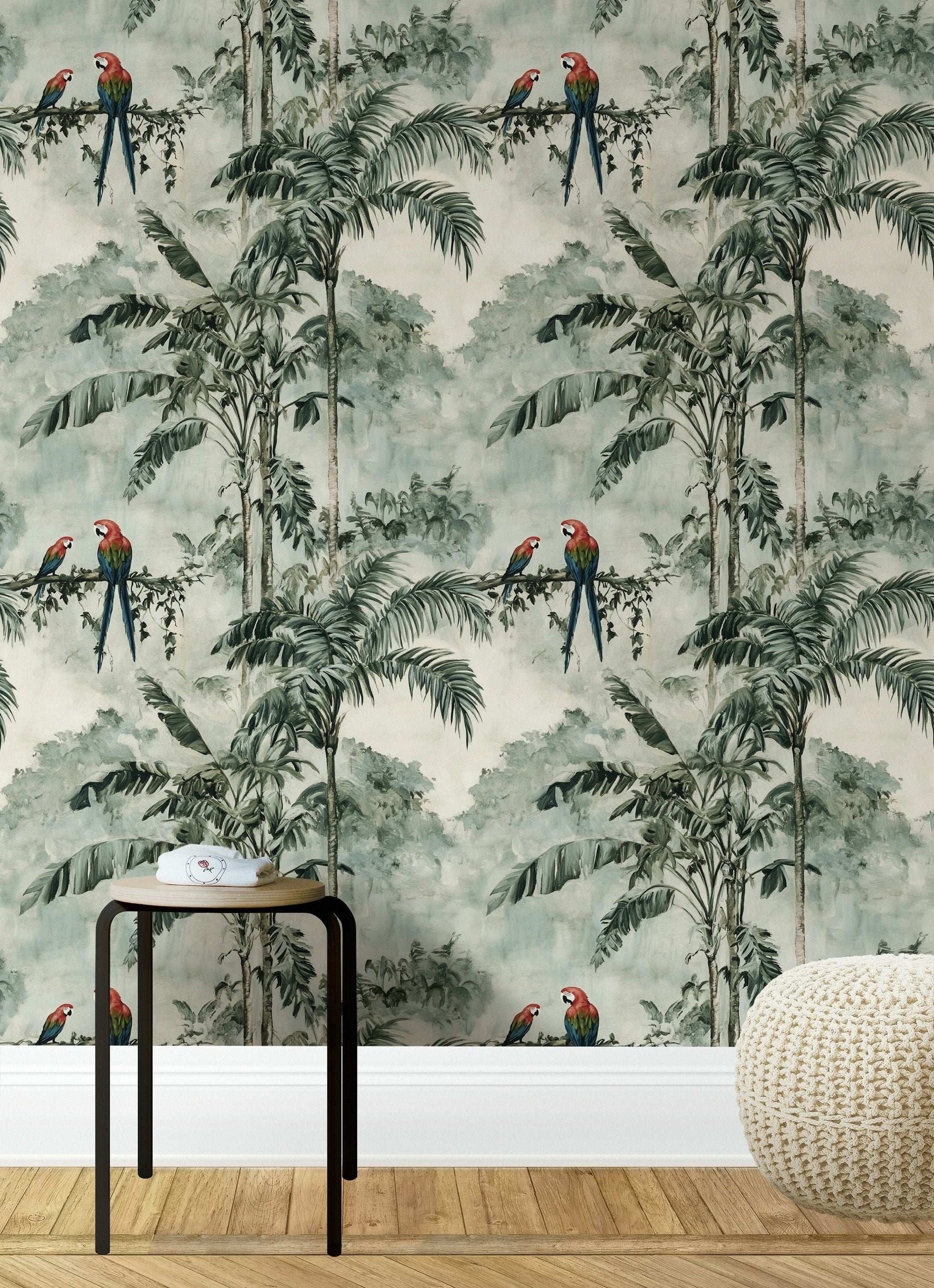 Exotic Green Jungle Parrots Wallpaper Tropical Peel and Stick Wall Mural