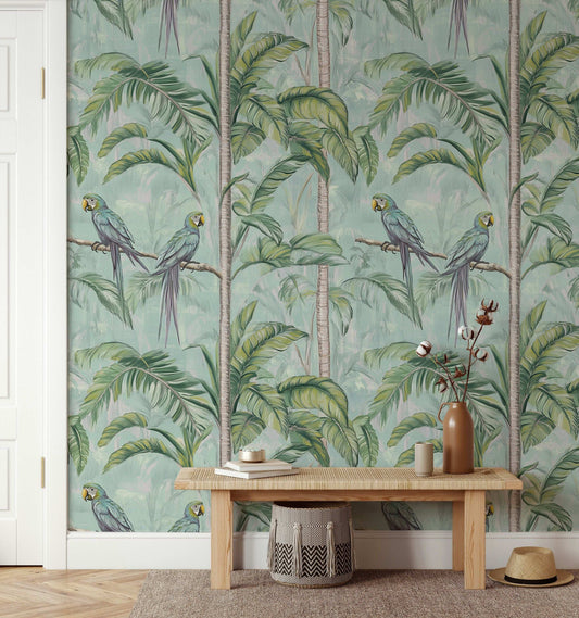 Tropical Parrots and Palm Trees Wallpaper Green Jungle Scene Peel and Stick Mural