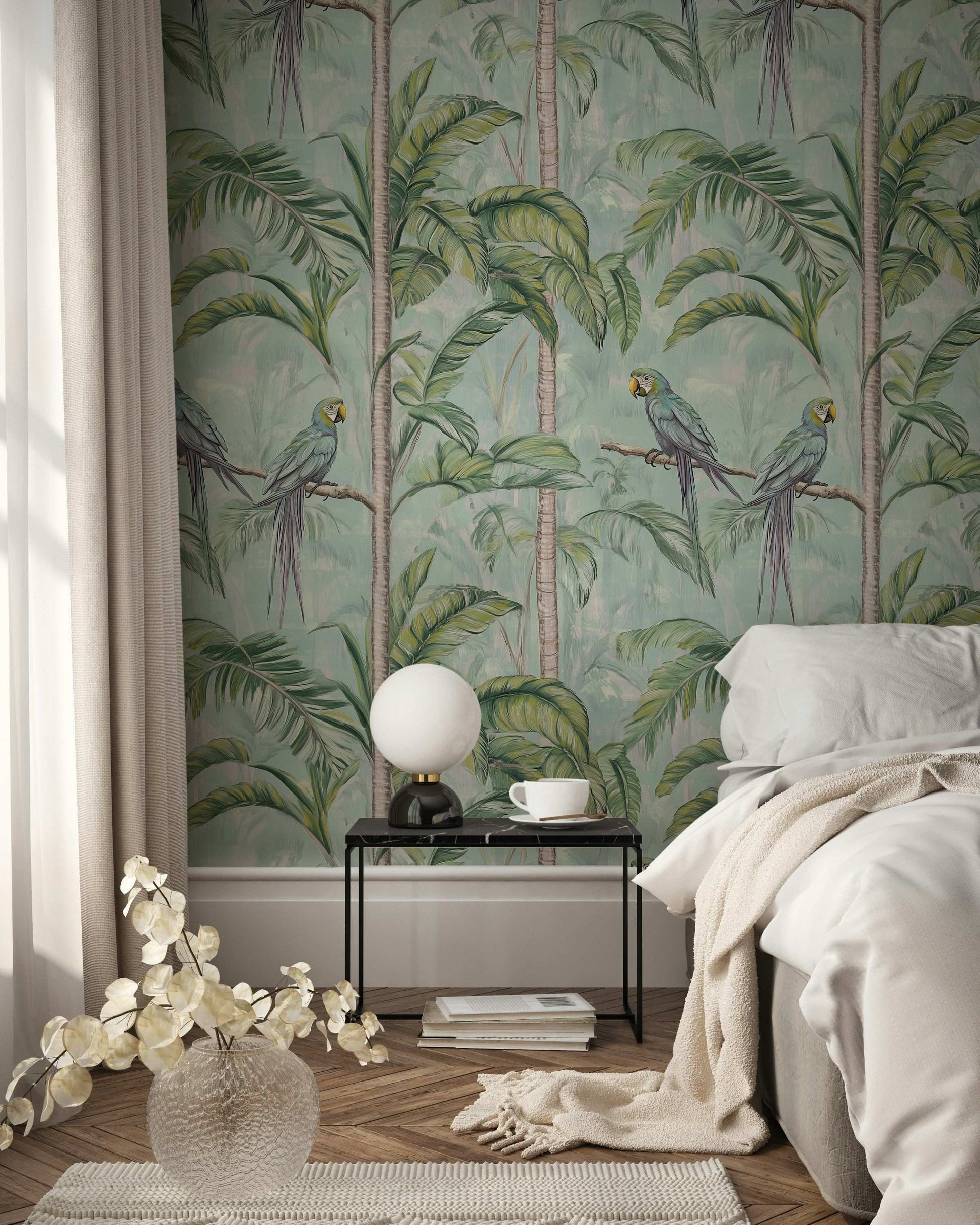 Tropical Parrots and Palm Trees Wallpaper Green Jungle Scene Peel and Stick Mural