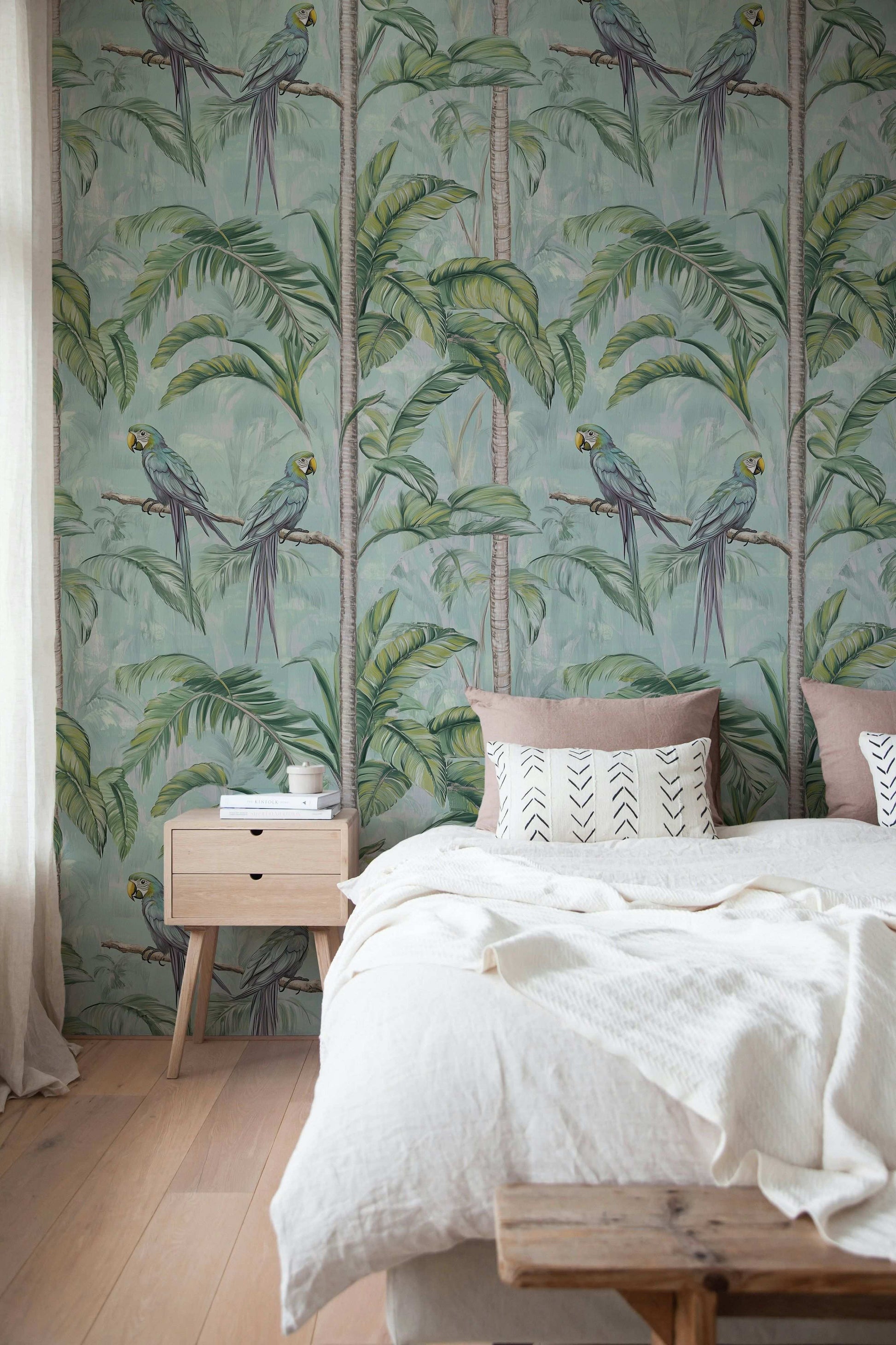 Tropical Parrots and Palm Trees Wallpaper Green Jungle Scene Peel and Stick Mural