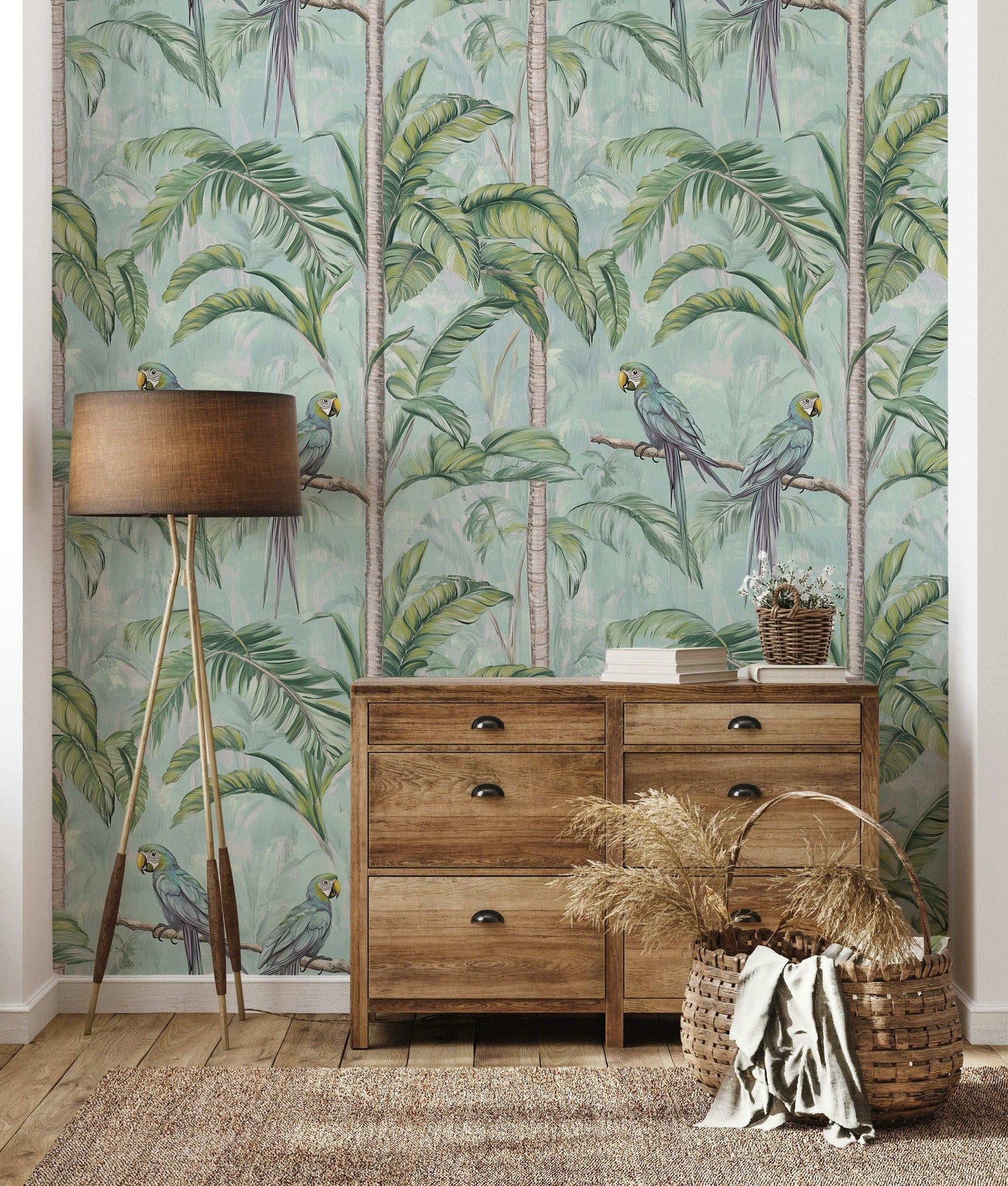 Tropical Parrots and Palm Trees Wallpaper Green Jungle Scene Peel and Stick Mural