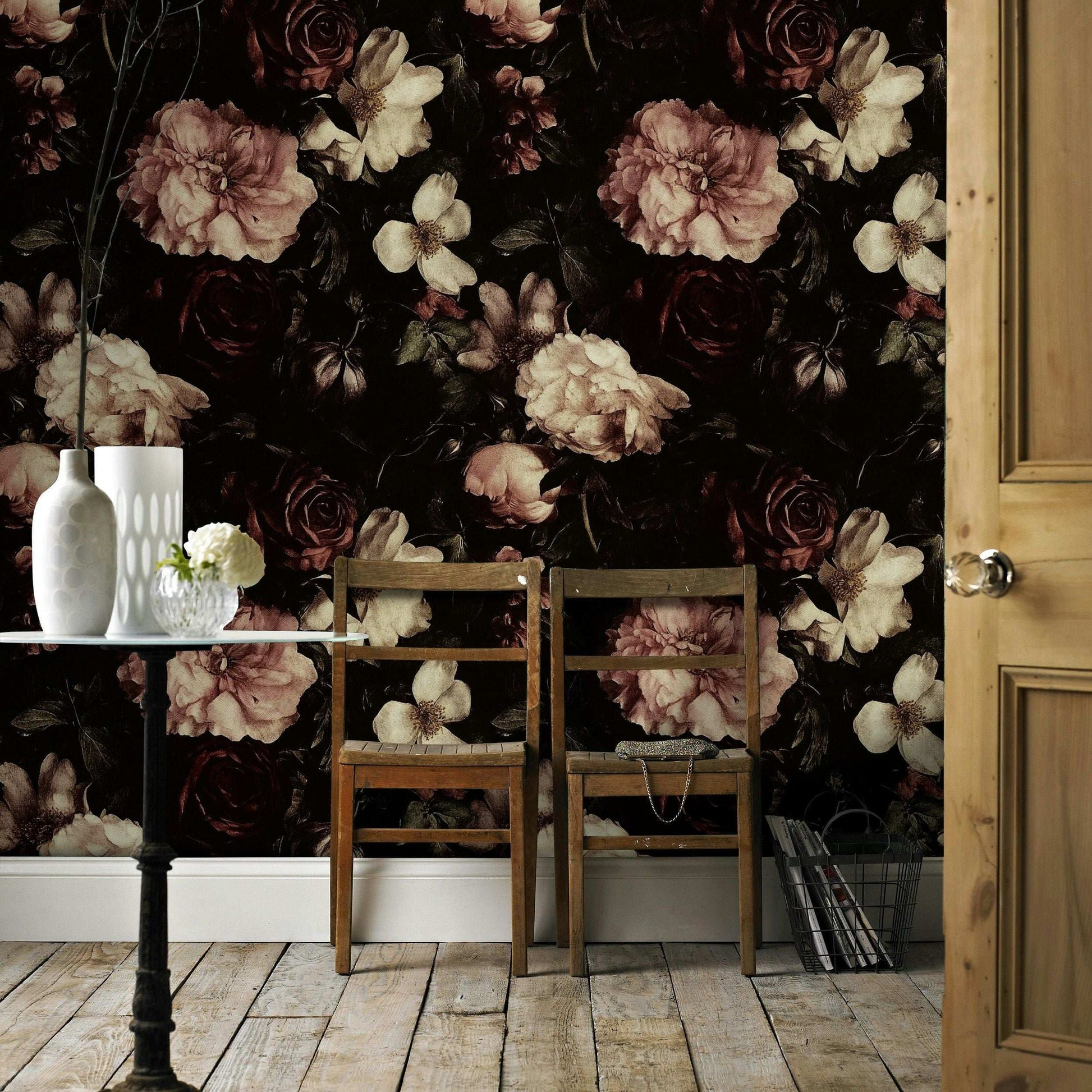 Vintage Dark Floral Wallpaper Peonies and Roses Peel and Stick Wall Mural