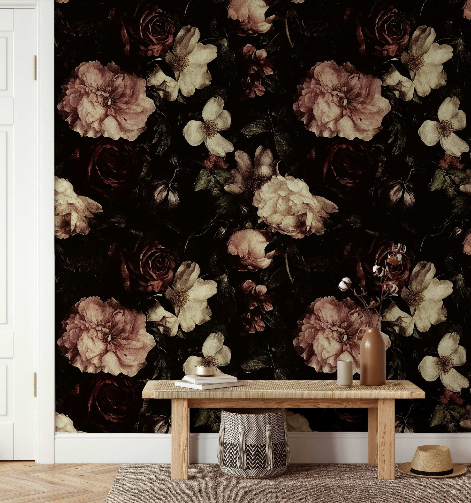 Vintage Dark Floral Wallpaper Peonies and Roses Peel and Stick Wall Mural