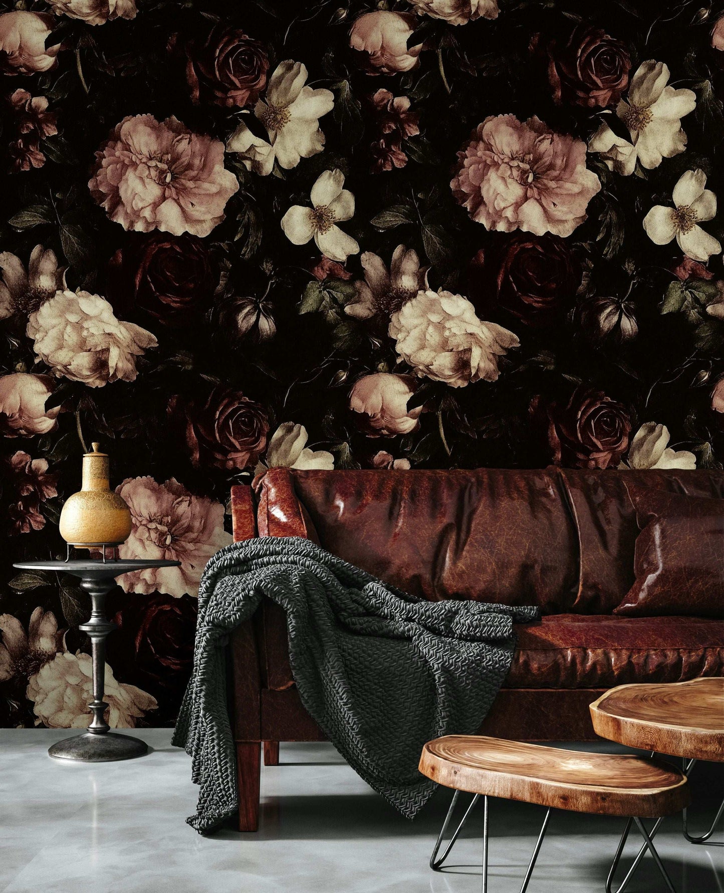 Vintage Dark Floral Wallpaper Peonies and Roses Peel and Stick Wall Mural