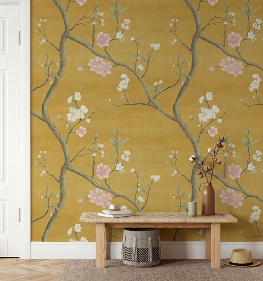 Elegant Chinoiserie Floral Wallpaper Yellow Background Peel and Stick Wall Mural