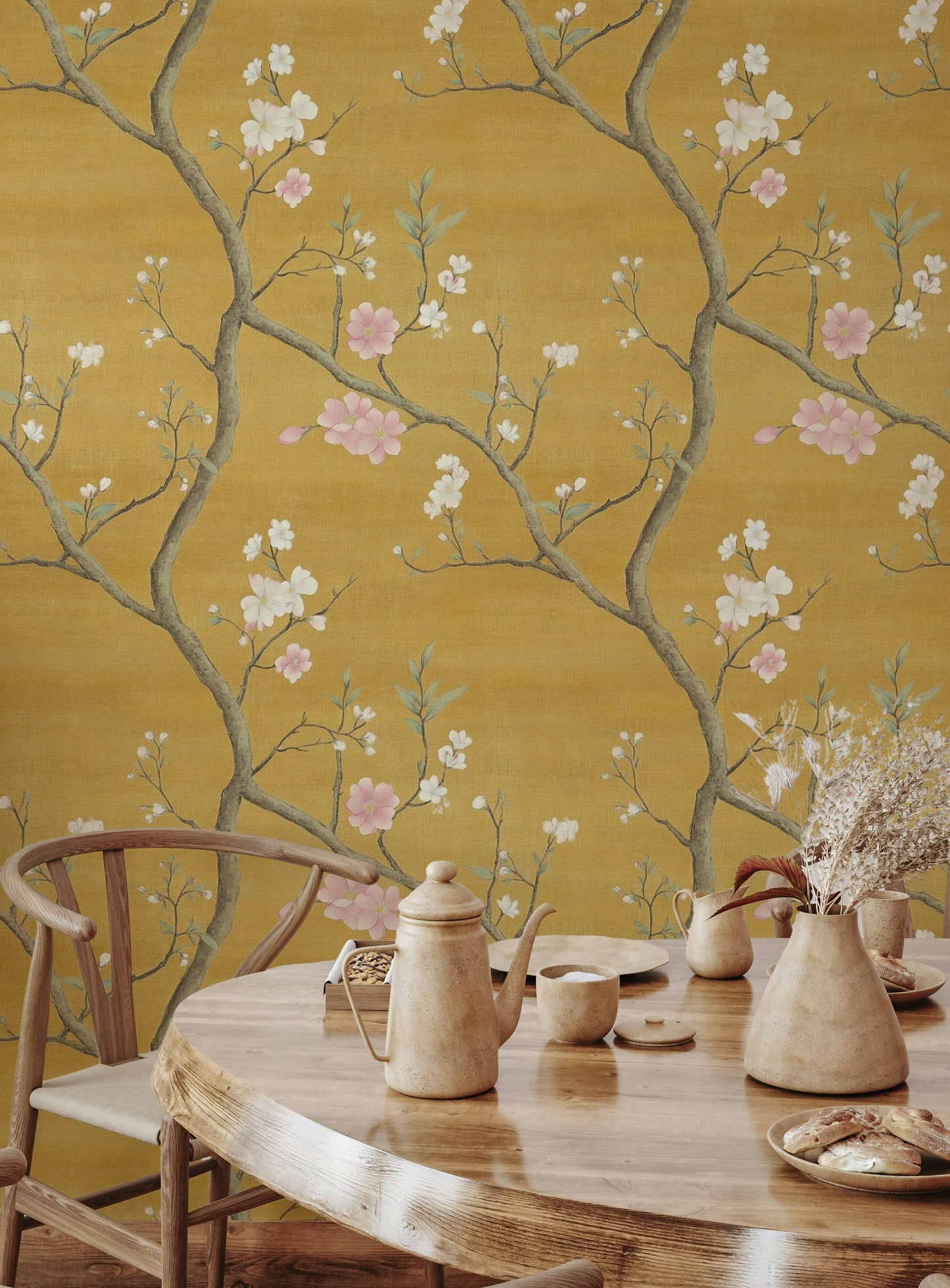 Elegant Chinoiserie Floral Wallpaper Yellow Background Peel and Stick Wall Mural