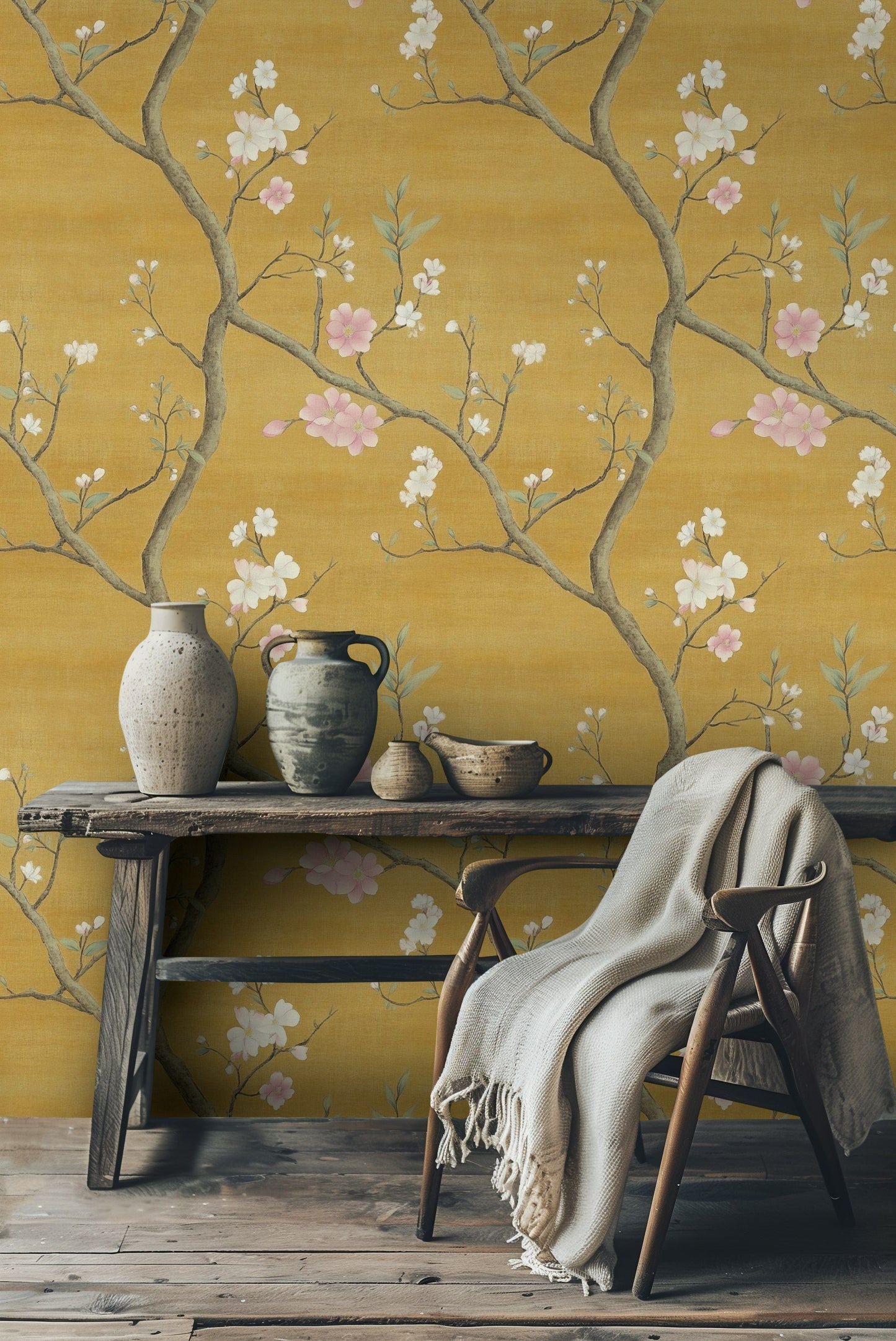 Elegant Chinoiserie Floral Wallpaper Yellow Background Peel and Stick Wall Mural