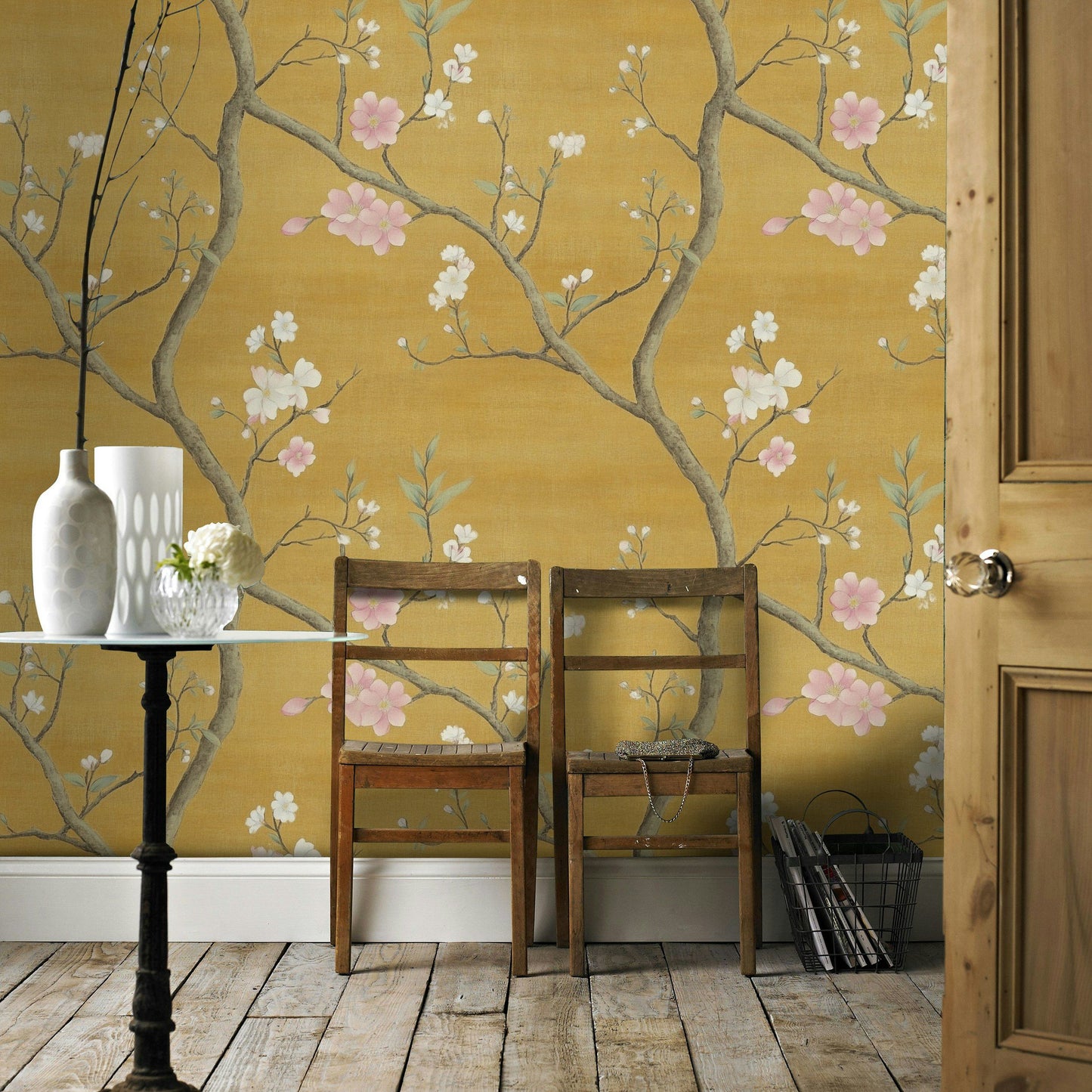 Elegant Chinoiserie Floral Wallpaper Yellow Background Peel and Stick Wall Mural