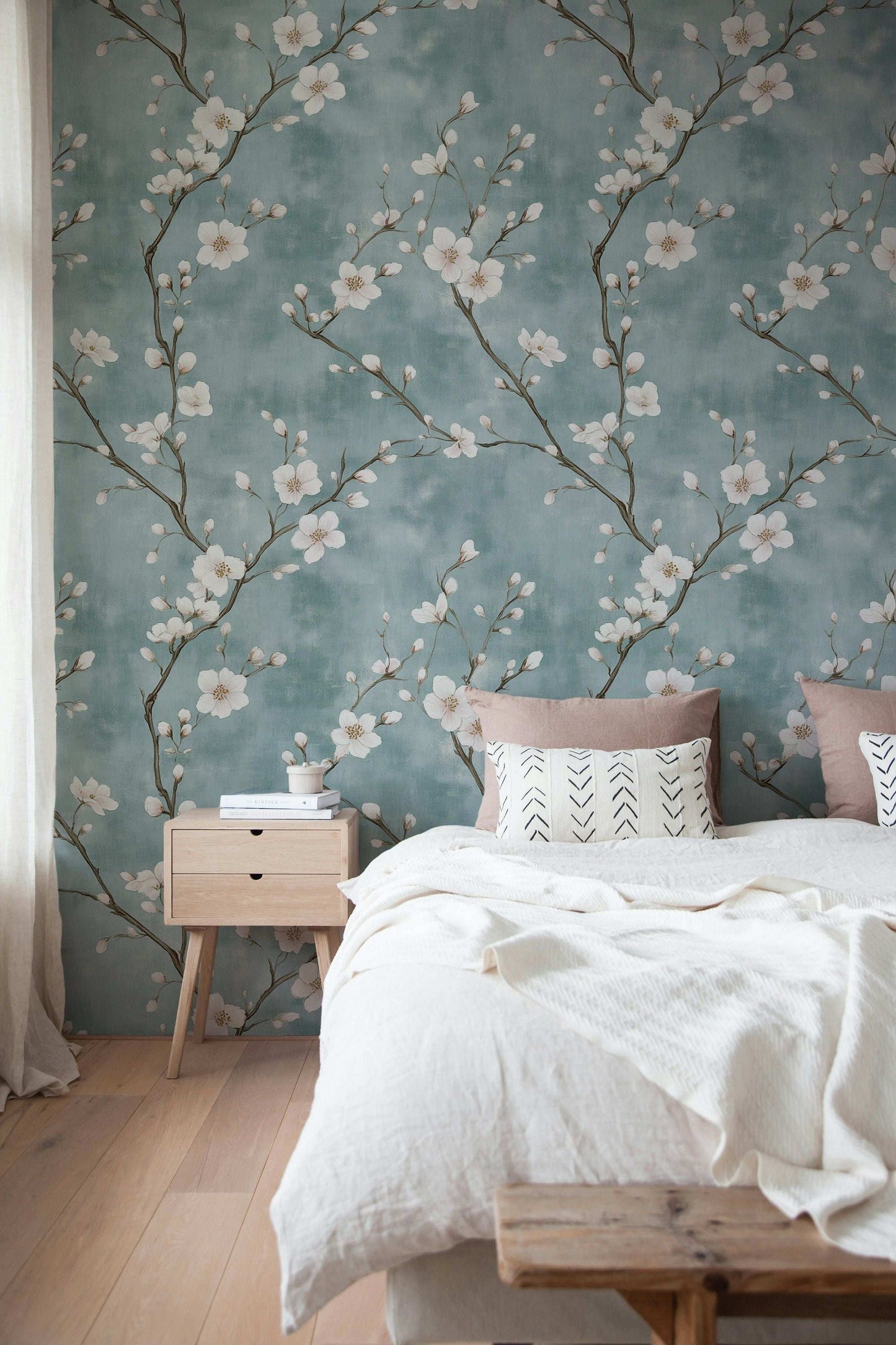 Chinoiserie Floral Wallpaper White Blossoms on Aqua Background Peel and Stick Wall Mural