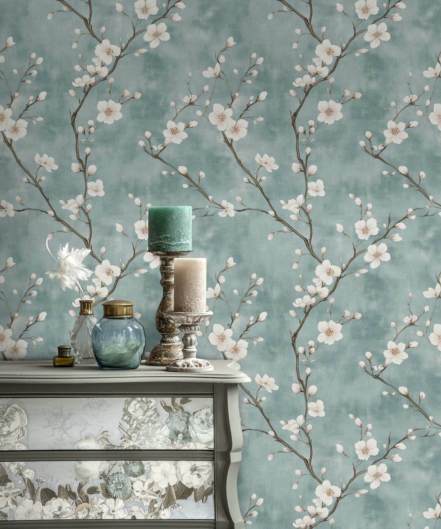 Chinoiserie Floral Wallpaper White Blossoms on Aqua Background Peel and Stick Wall Mural