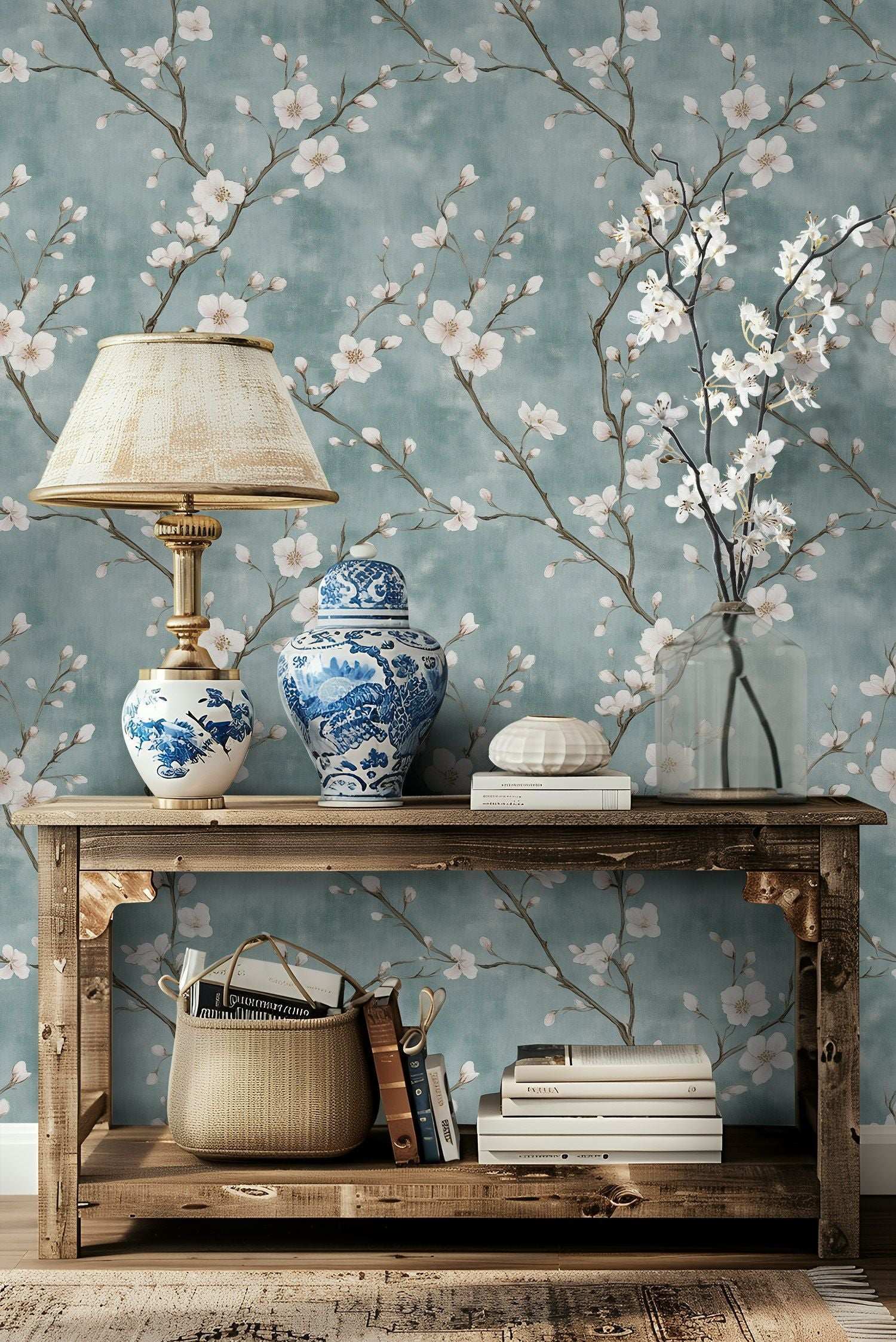 Chinoiserie Floral Wallpaper White Blossoms on Aqua Background Peel and Stick Wall Mural