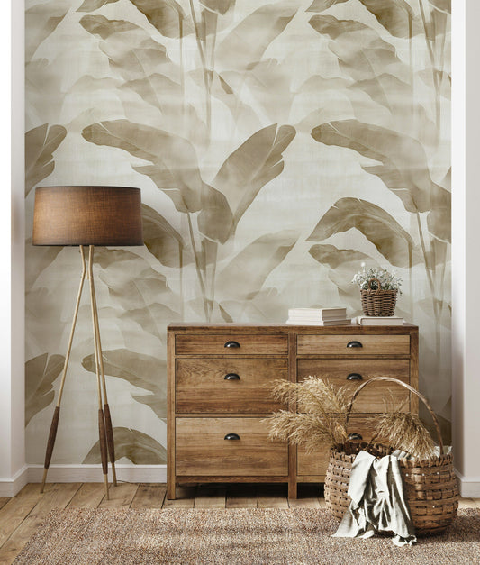 Tropical Banana Leaf Wallpaper Beige and White Wall Mural