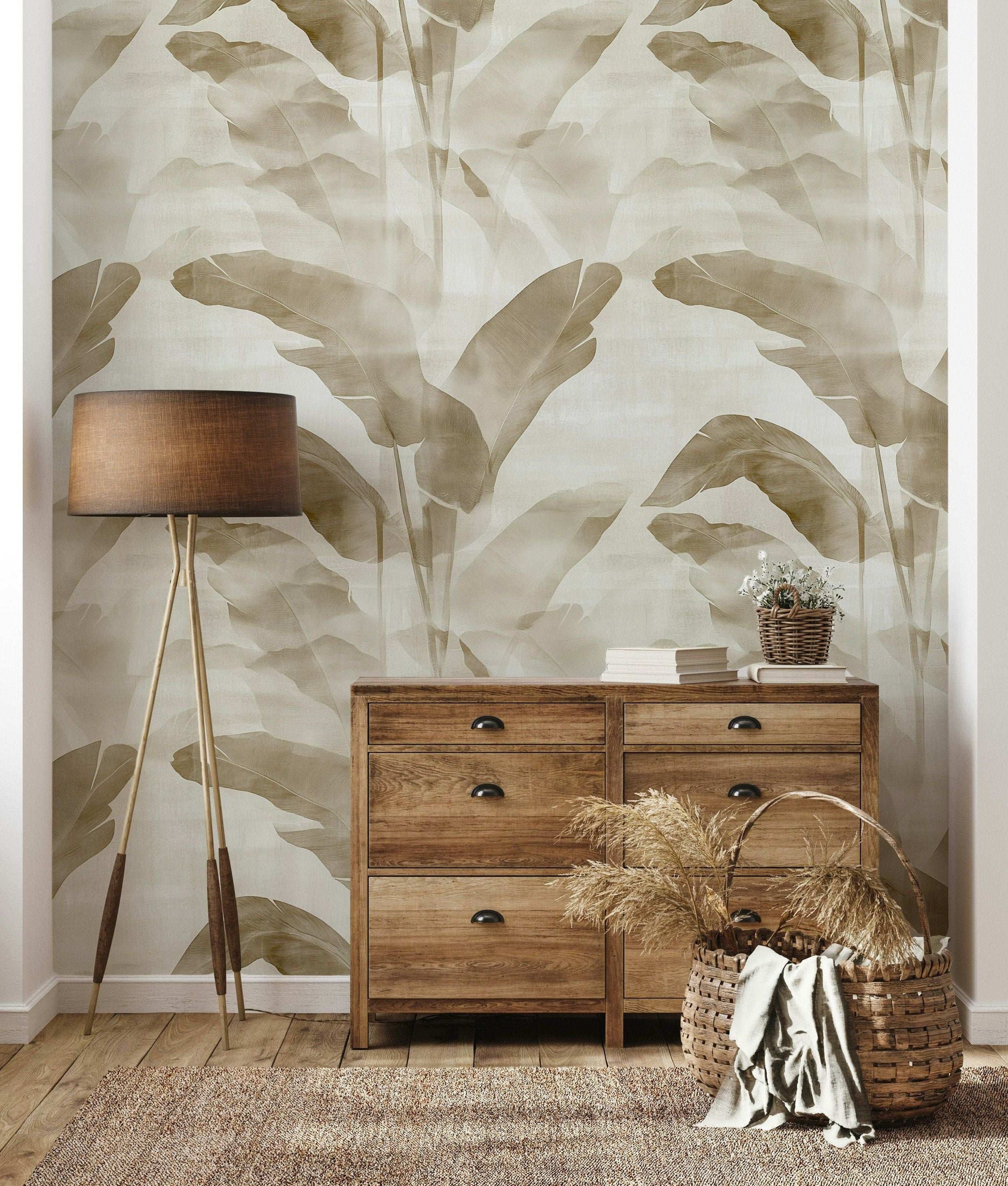 Tropical Banana Leaf Wallpaper Beige and White Peel and Stick Wall Mural