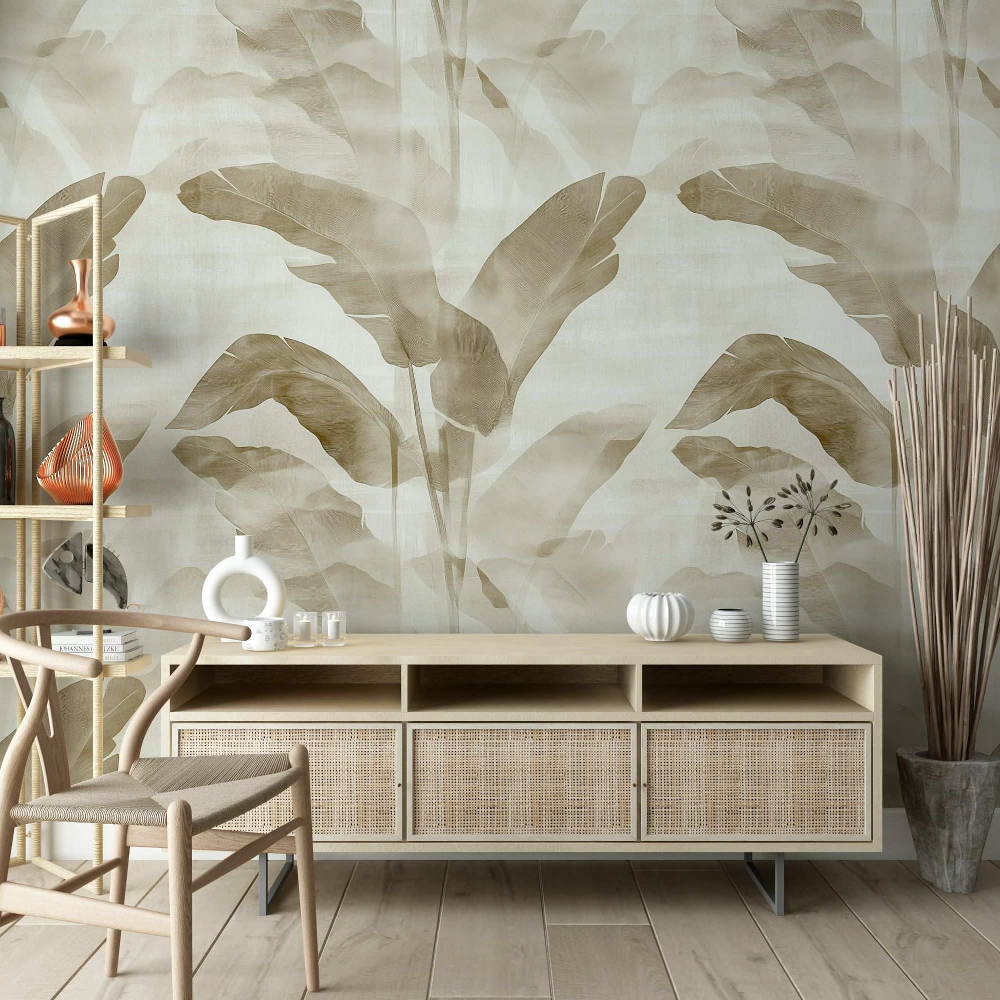 Tropical Banana Leaf Wallpaper Beige and White Peel and Stick Wall Mural