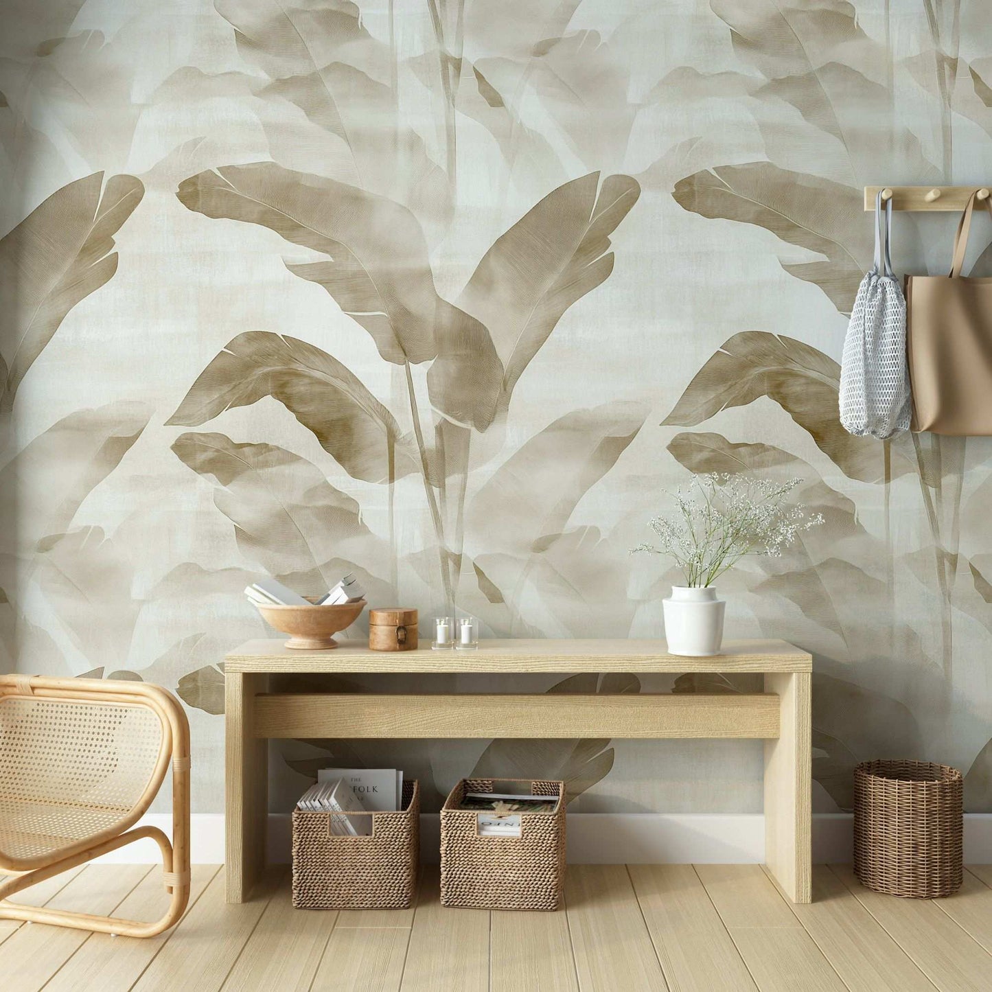 Tropical Banana Leaf Wallpaper Beige and White Peel and Stick Wall Mural