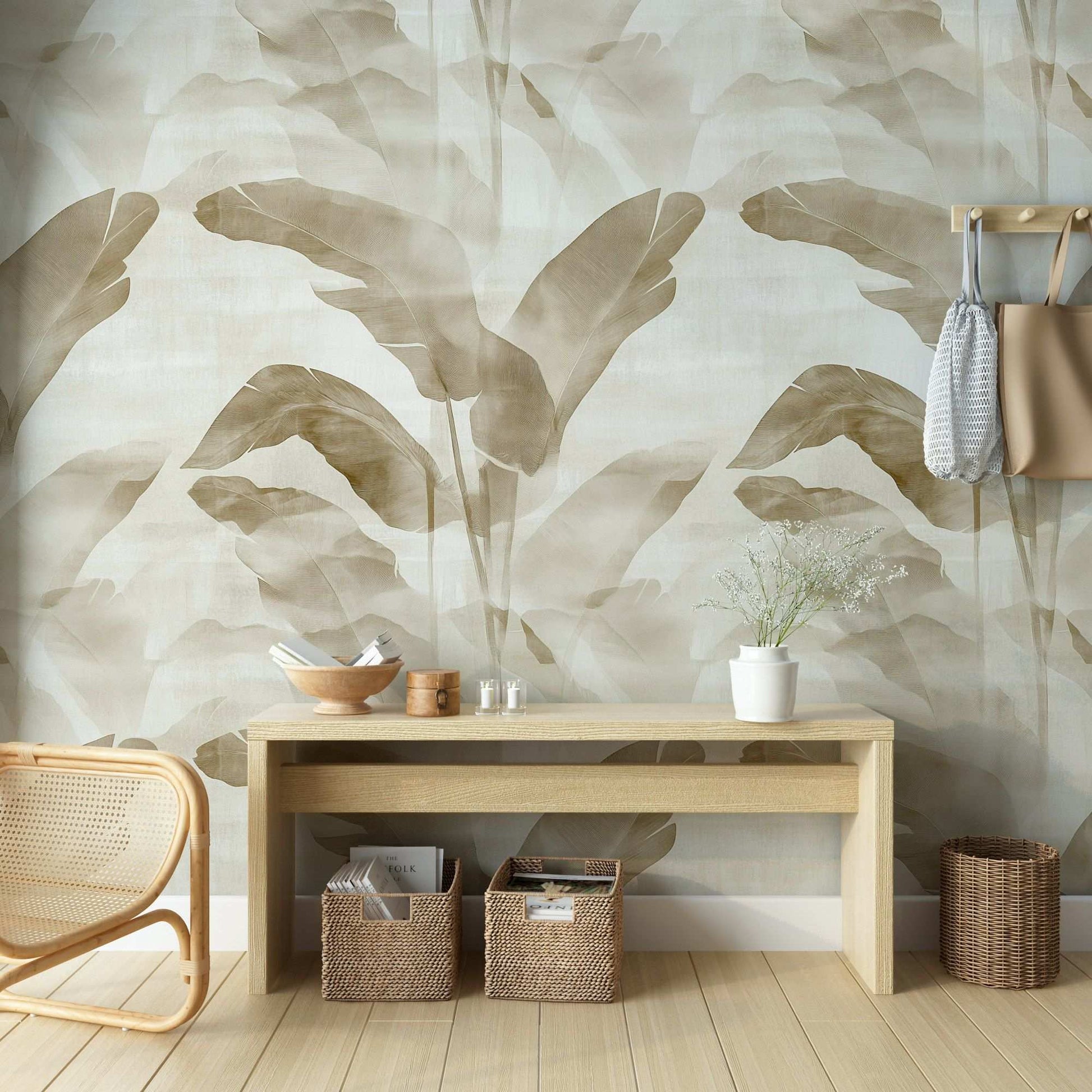 Tropical Banana Leaf Wallpaper Beige and White Peel and Stick Wall Mural