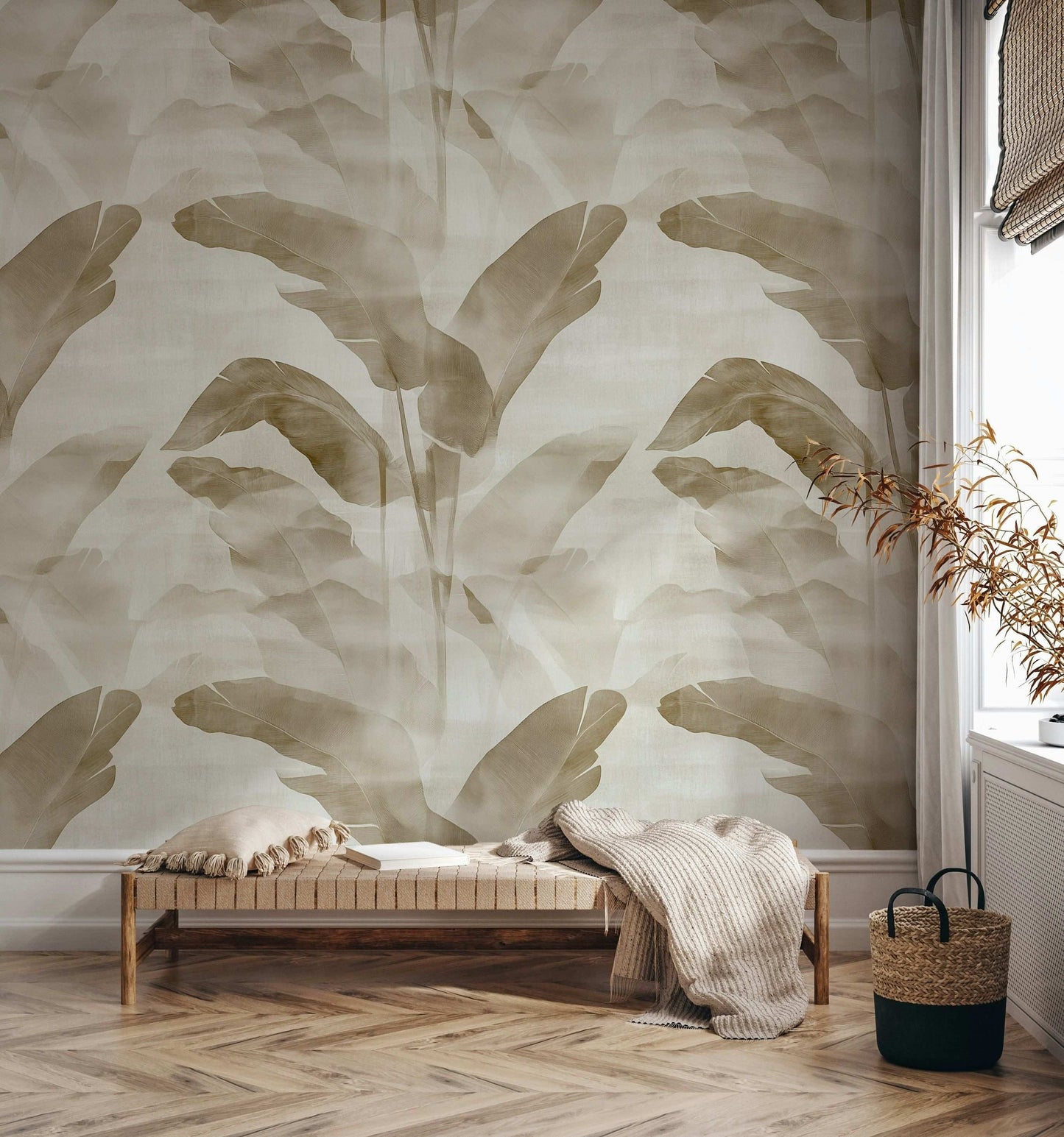 Tropical Banana Leaf Wallpaper Beige and White Peel and Stick Wall Mural