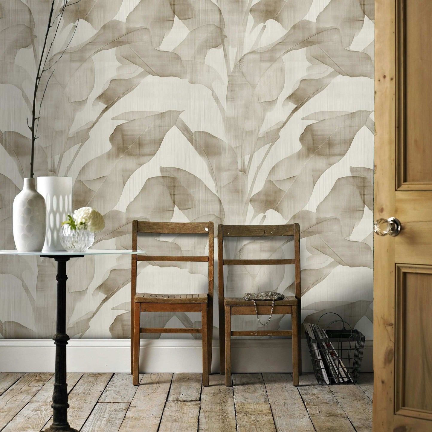 Subtle Banana Leaf Wallpaper Beige Monochrome Peel and Stick Wall Mural