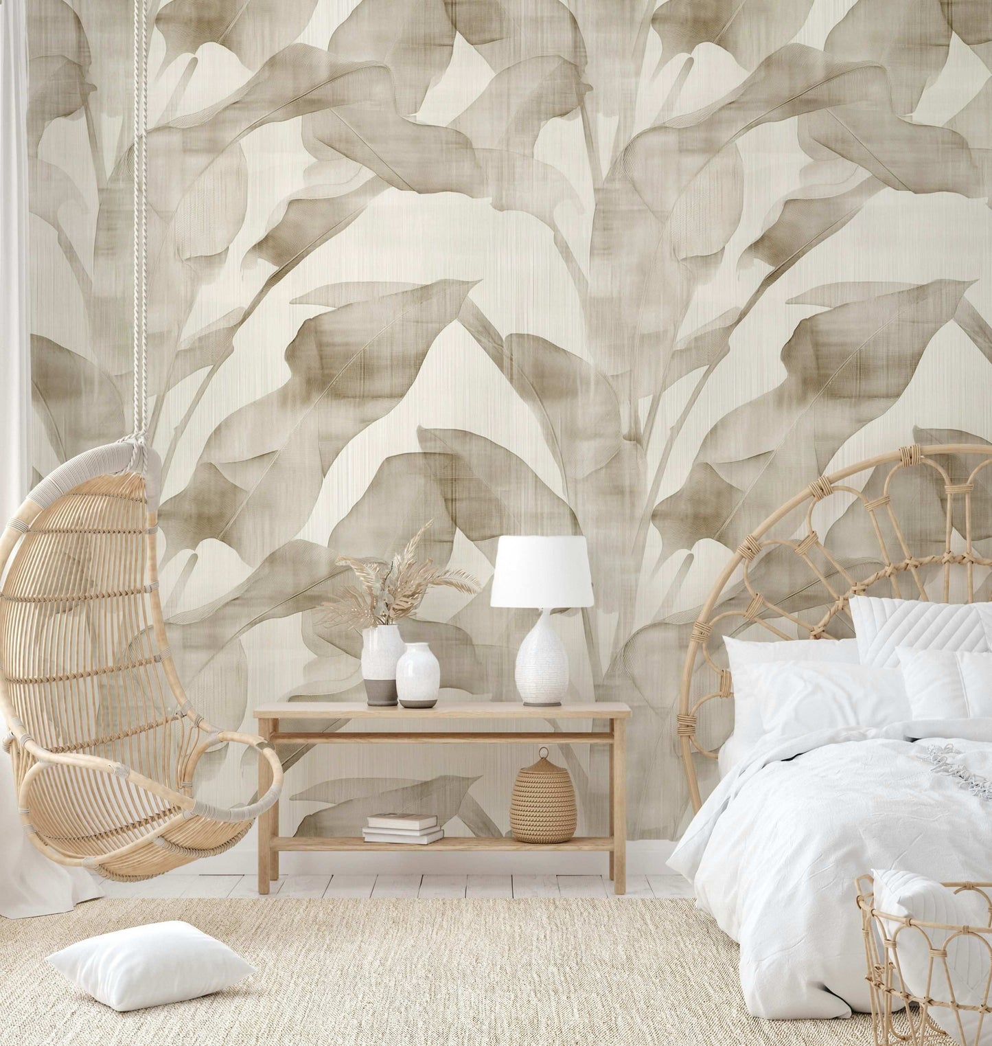 Subtle Banana Leaf Wallpaper Beige Monochrome Peel and Stick Wall Mural