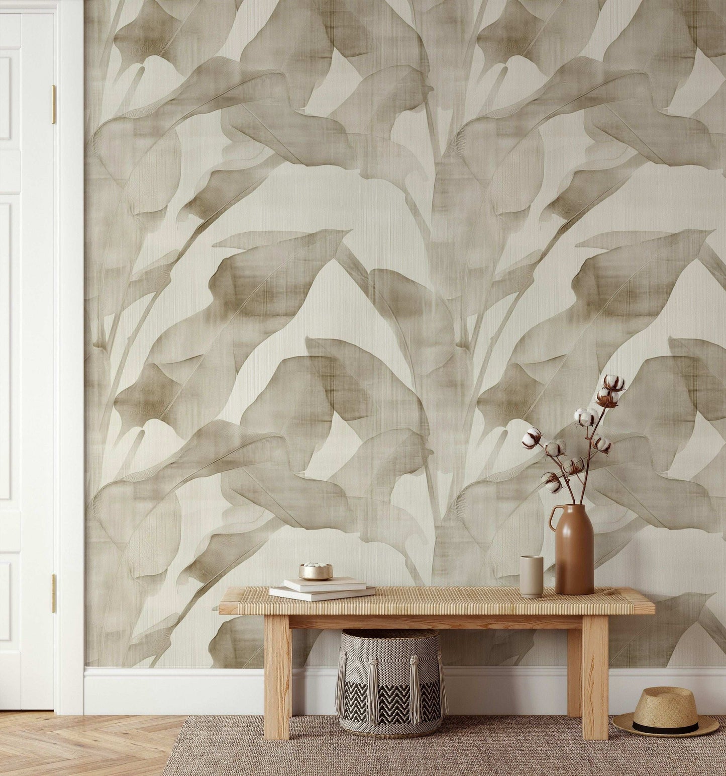 Subtle Banana Leaf Wallpaper Beige Monochrome Peel and Stick Wall Mural