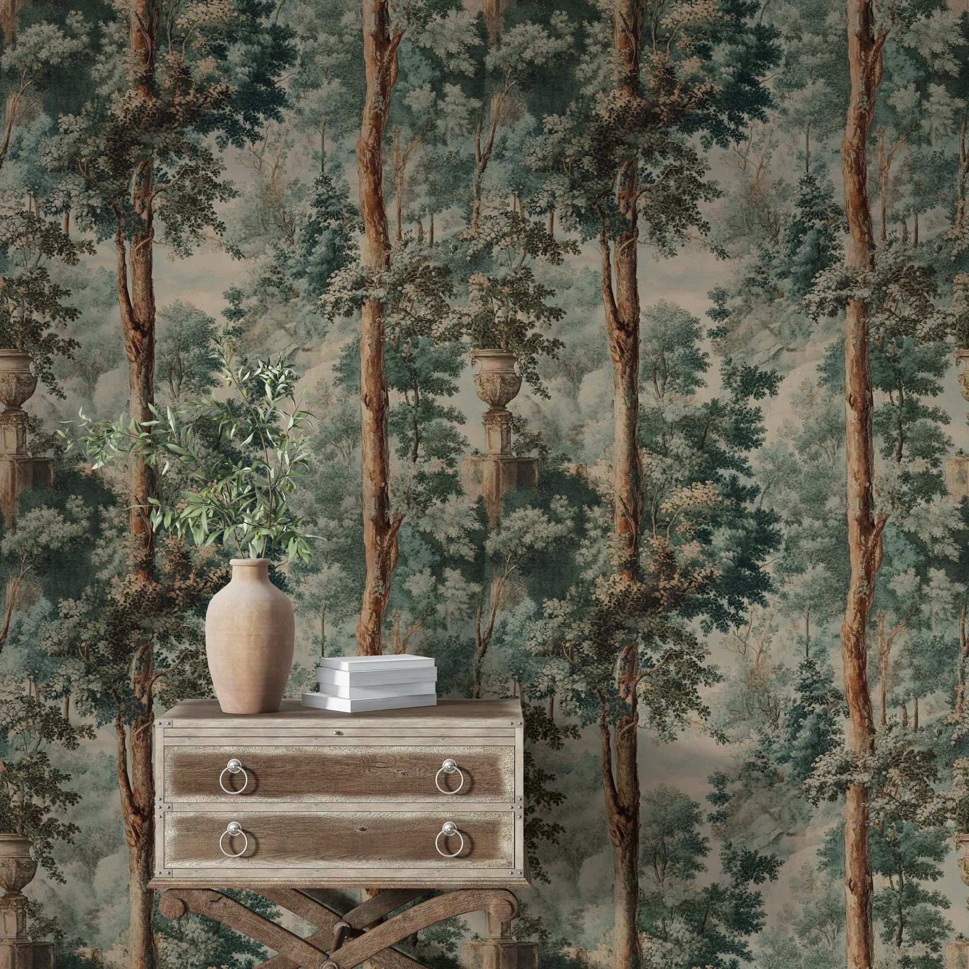 Serene Classical Landscape Wallpaper Pattern Tall Lush Trees Peel and Stick Mural