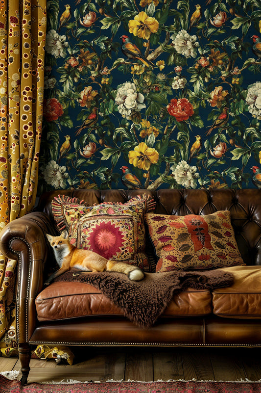 Exotic Birds and Floral Wallpaper Richly Detailed Wall Mural