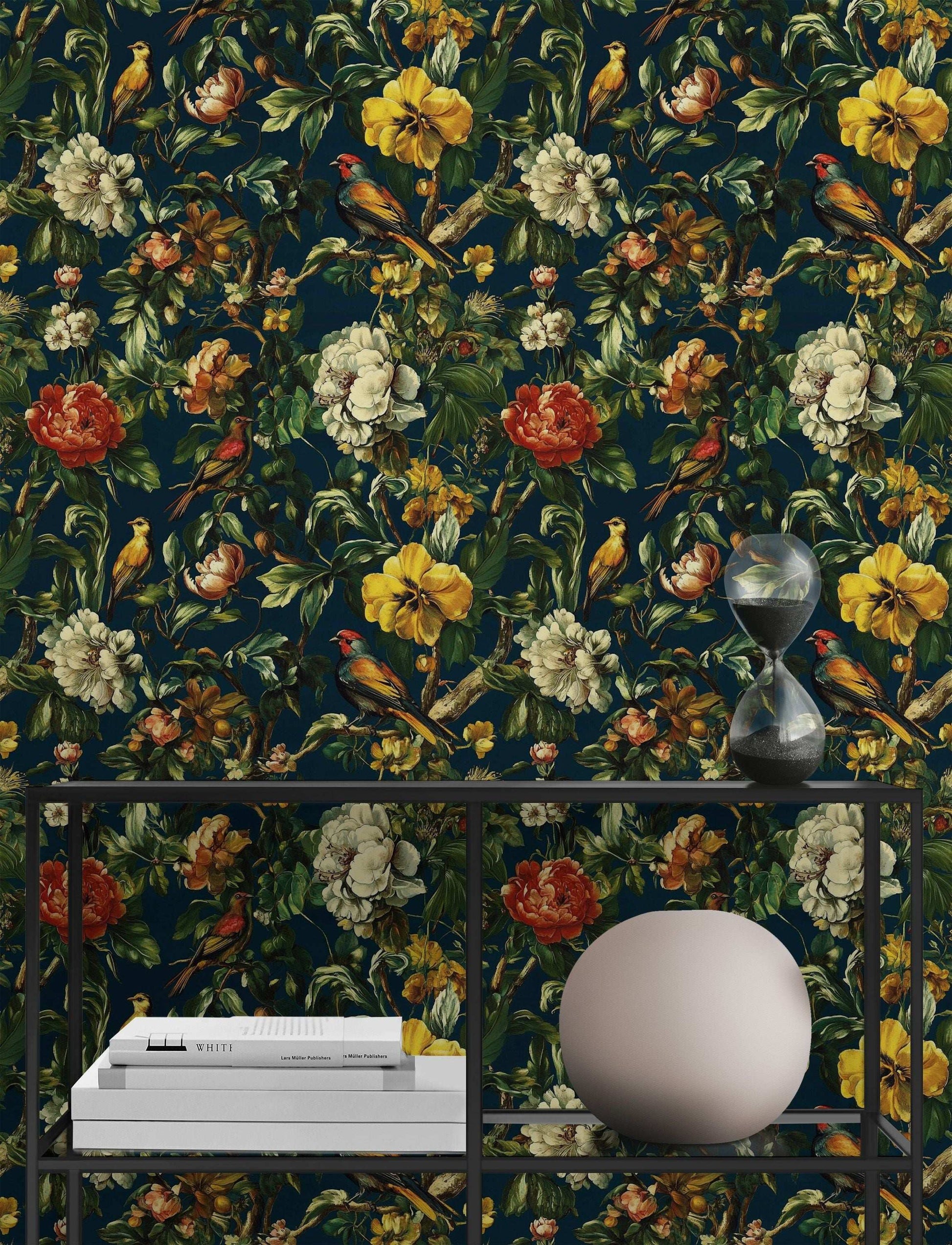 Exotic Birds and Floral Wallpaper Richly Detailed Peel and Stick Wall Mural