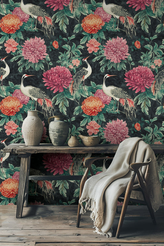 Elegant Cranes and Chrysanthemum Wallpaper Botanical Art