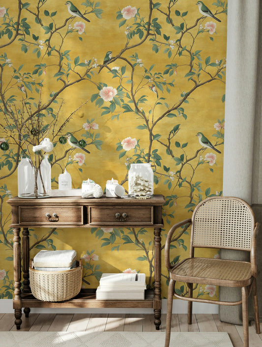 Elegant Chinoiserie Wallpaper Yellow Floral Bird Pattern