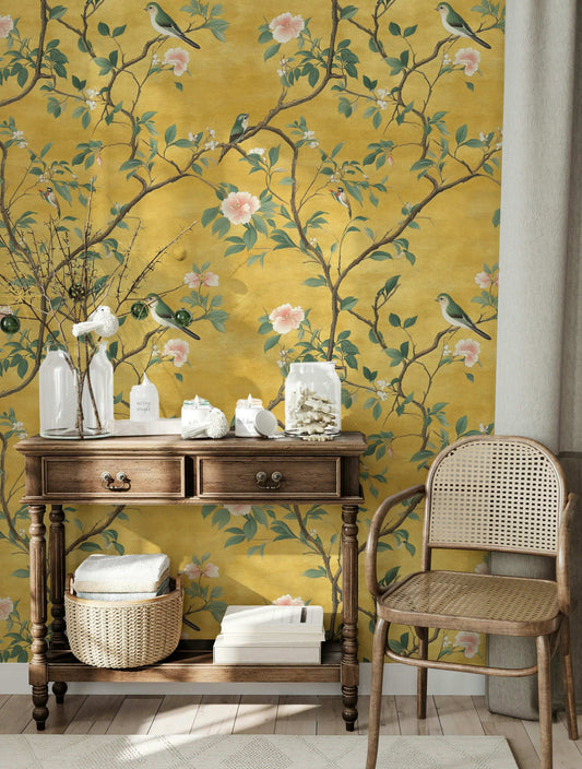 Elegant Chinoiserie Wallpaper Yellow Floral Bird Pattern Vintage Asian Wall Decor