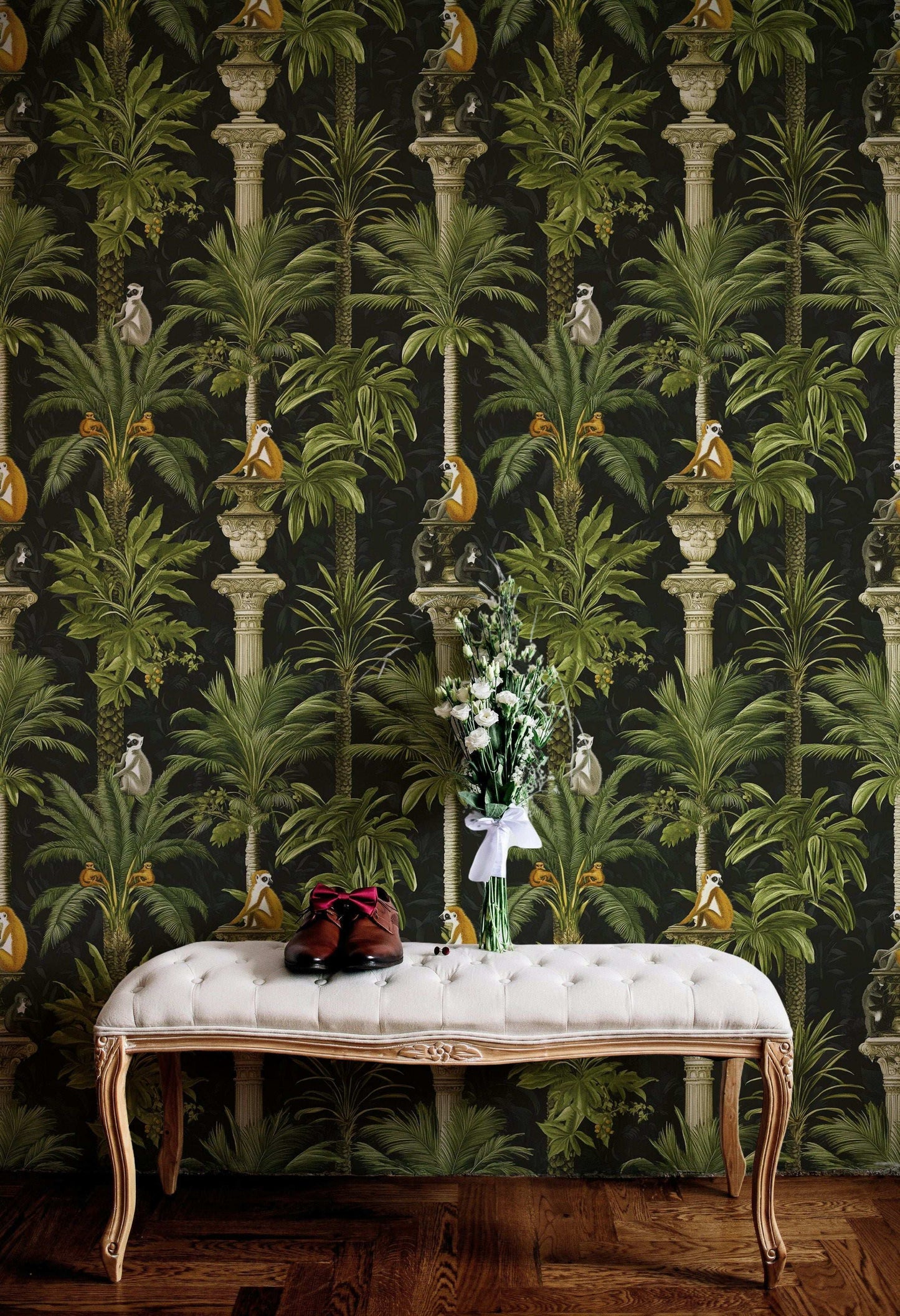 Tropical Lemur Jungle Wallpaper Ornate Greenery and Columns Exotic Nature Wall Mural