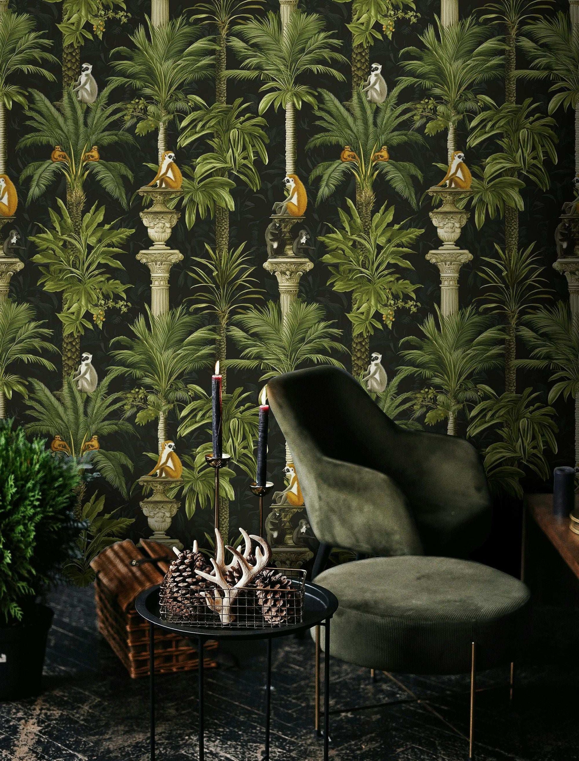 Tropical Lemur Jungle Wallpaper Ornate Greenery and Columns Exotic Nature Wall Mural