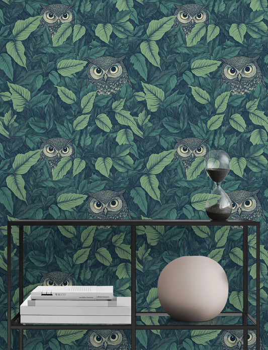 Vintage Owl and Leaf Pattern Wallpaper