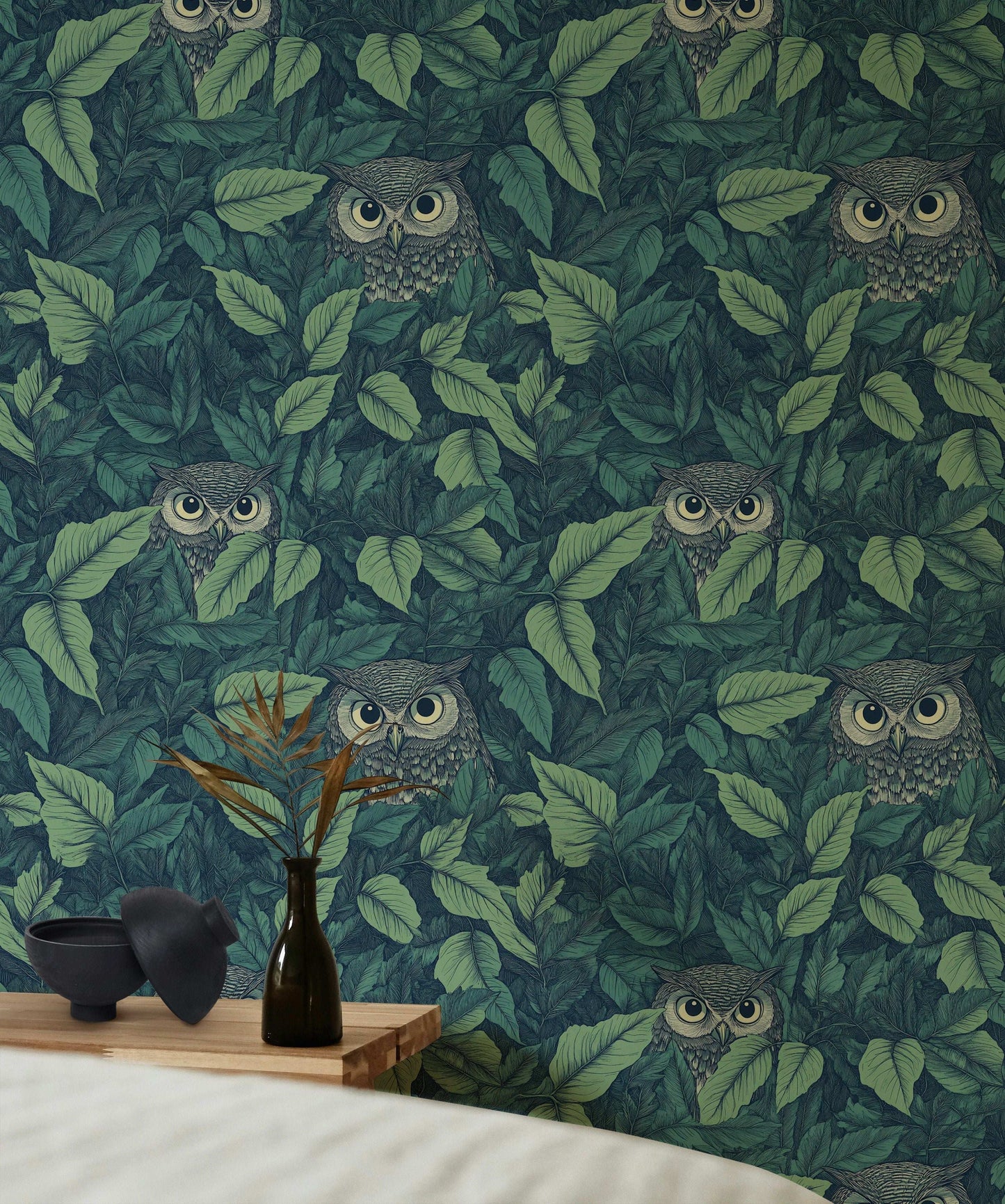 Vintage Owl and Leaf Pattern Wallpaper Dark Forest Botanical Wall Mural Peel Stick Roll