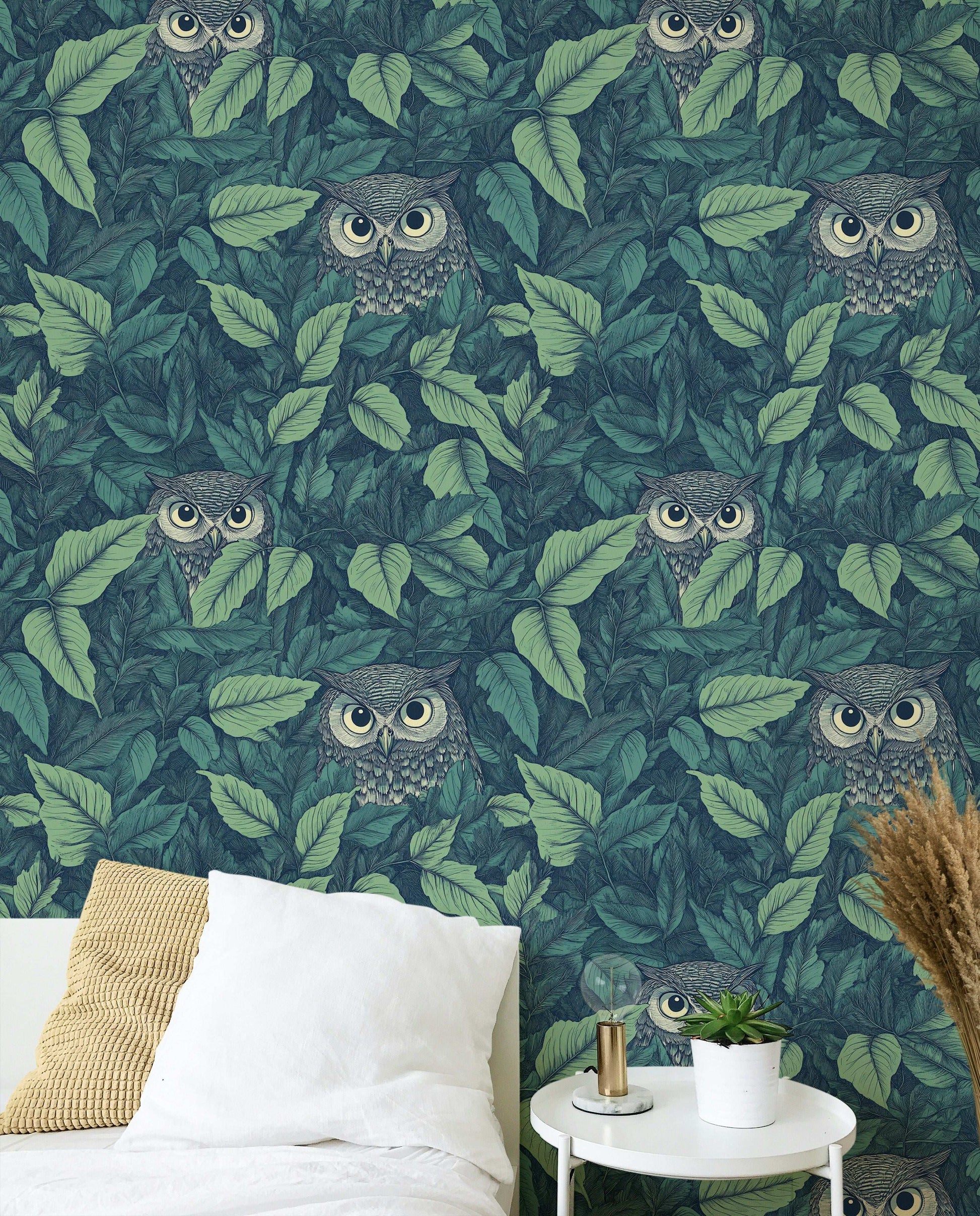 Vintage Owl and Leaf Pattern Wallpaper Dark Forest Botanical Wall Mural Peel Stick Roll