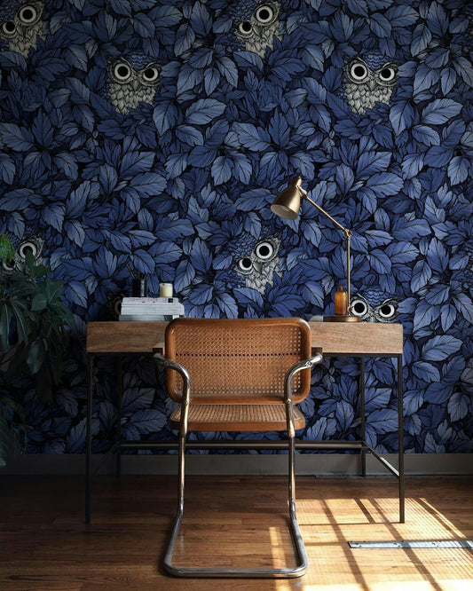 Dark Blue Owl and Leaf Pattern Wallpaper