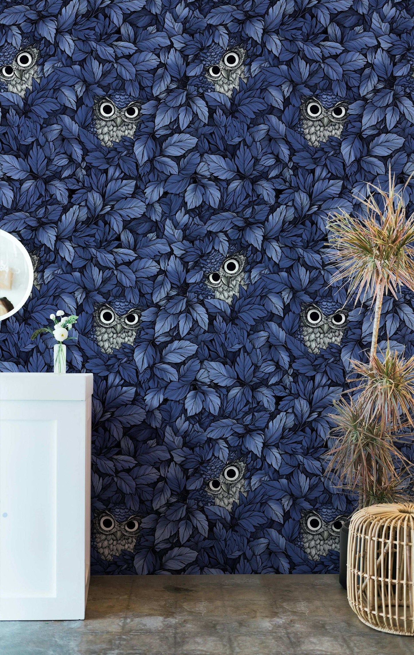 Dark Blue Owl and Leaf Pattern Wallpaper Enchanted Forest Themed Wall Mural