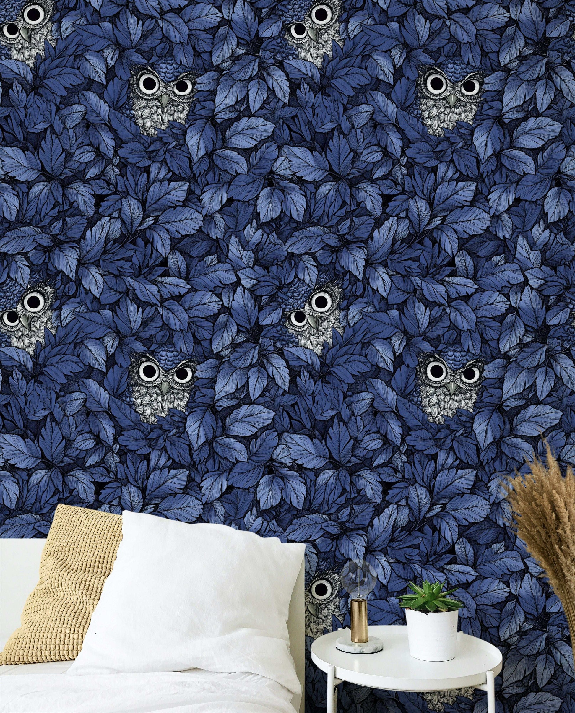 Dark Blue Owl and Leaf Pattern Wallpaper Enchanted Forest Themed Wall Mural