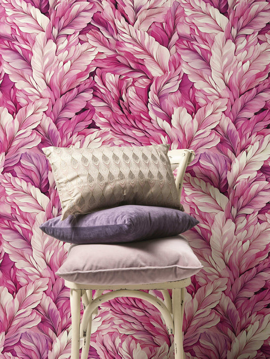 Pink Feather Pattern Wallpaper Elegant Boho Chic Wall Mural Luxurious Floral Leaf Design