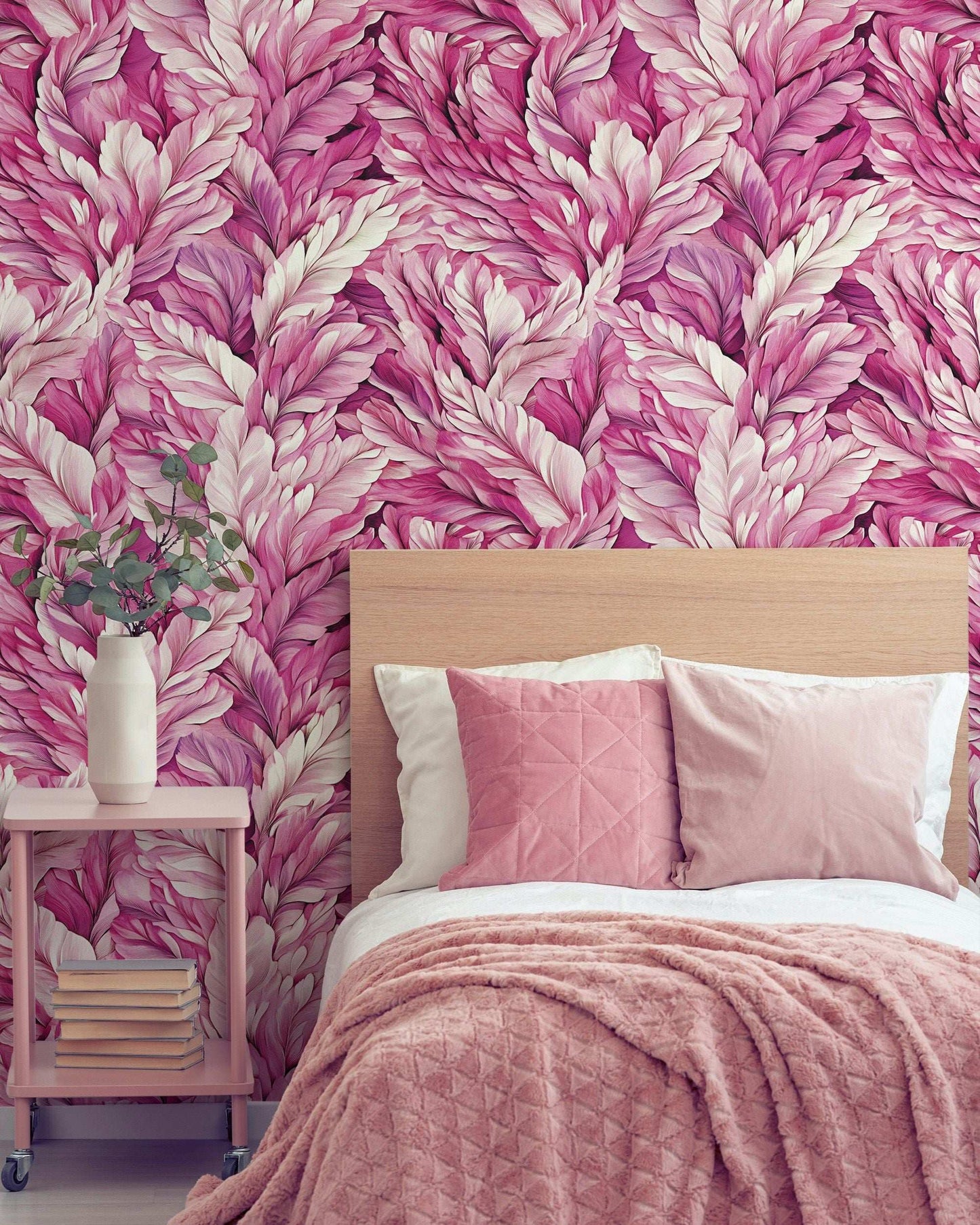 Pink Feather Pattern Wallpaper Elegant Boho Chic Wall Mural Luxurious Floral Leaf Design