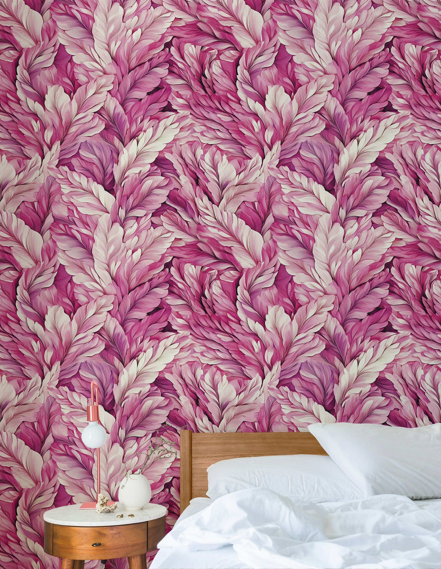 Pink Feather Pattern Wallpaper Elegant Boho Chic Wall Mural Luxurious Floral Leaf Design