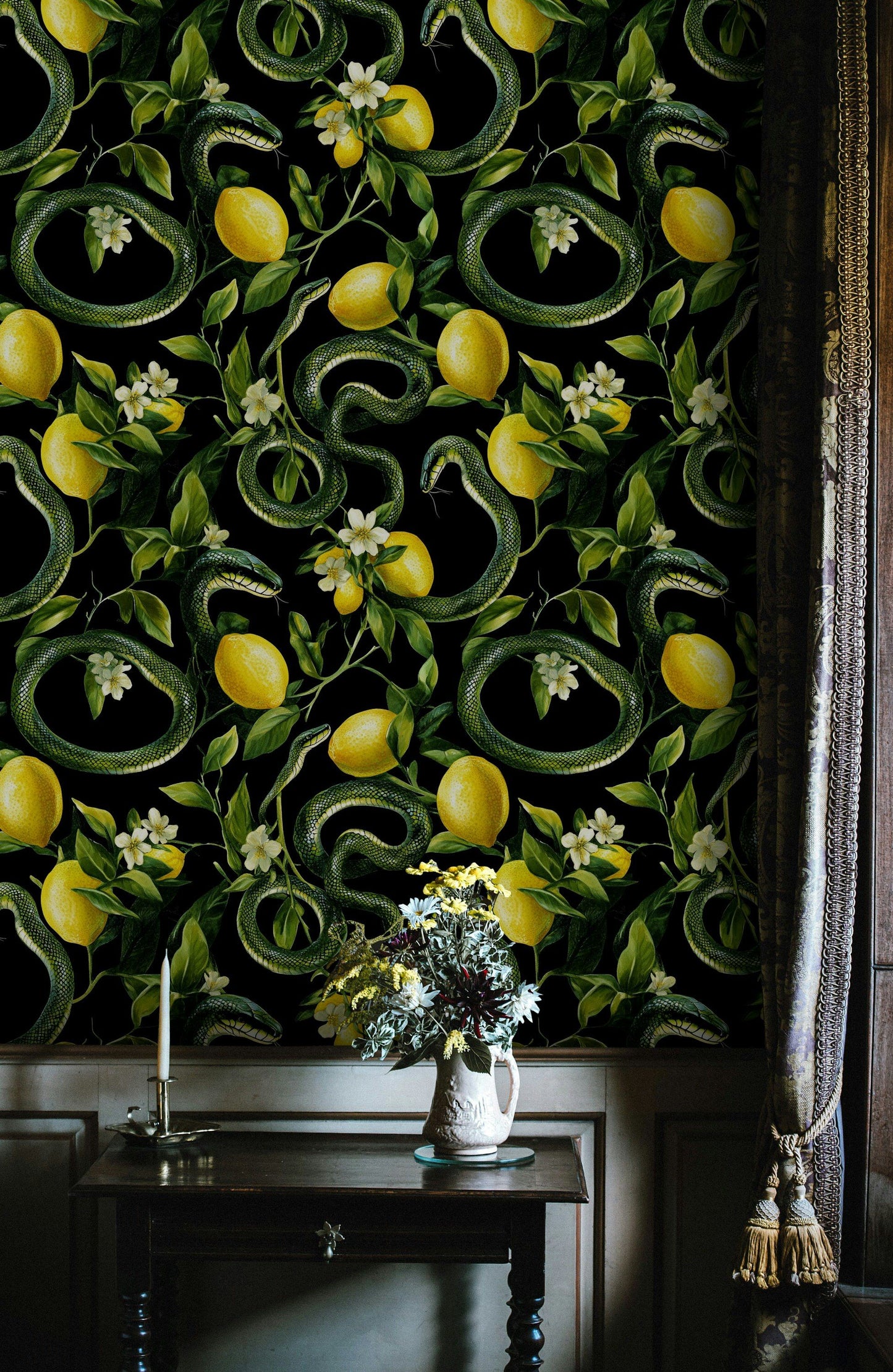 Exotic Snake Wallpaper Botanical Wall Mural Lemon Pattern