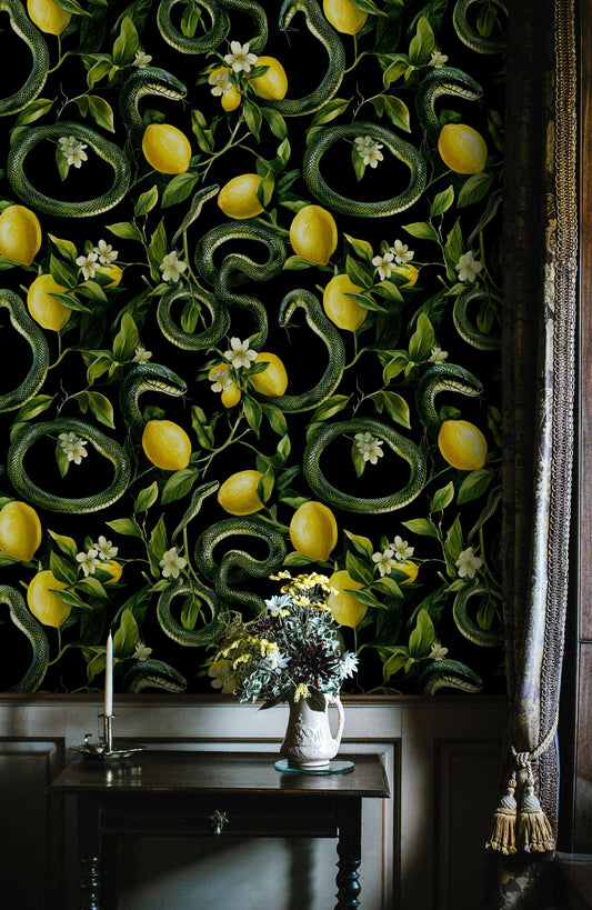 Exotic Snake Wallpaper Botanical Wall Mural Lemon Pattern